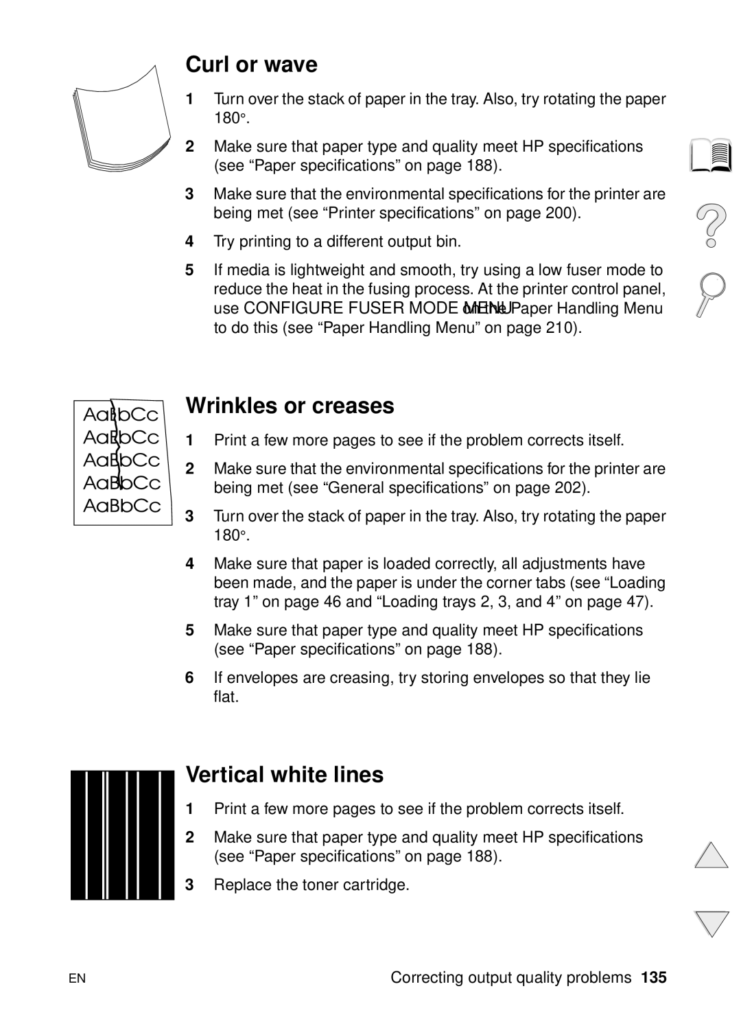 HP 4100N, 4100TN manual Curl or wave, Wrinkles or creases, Vertical white lines 