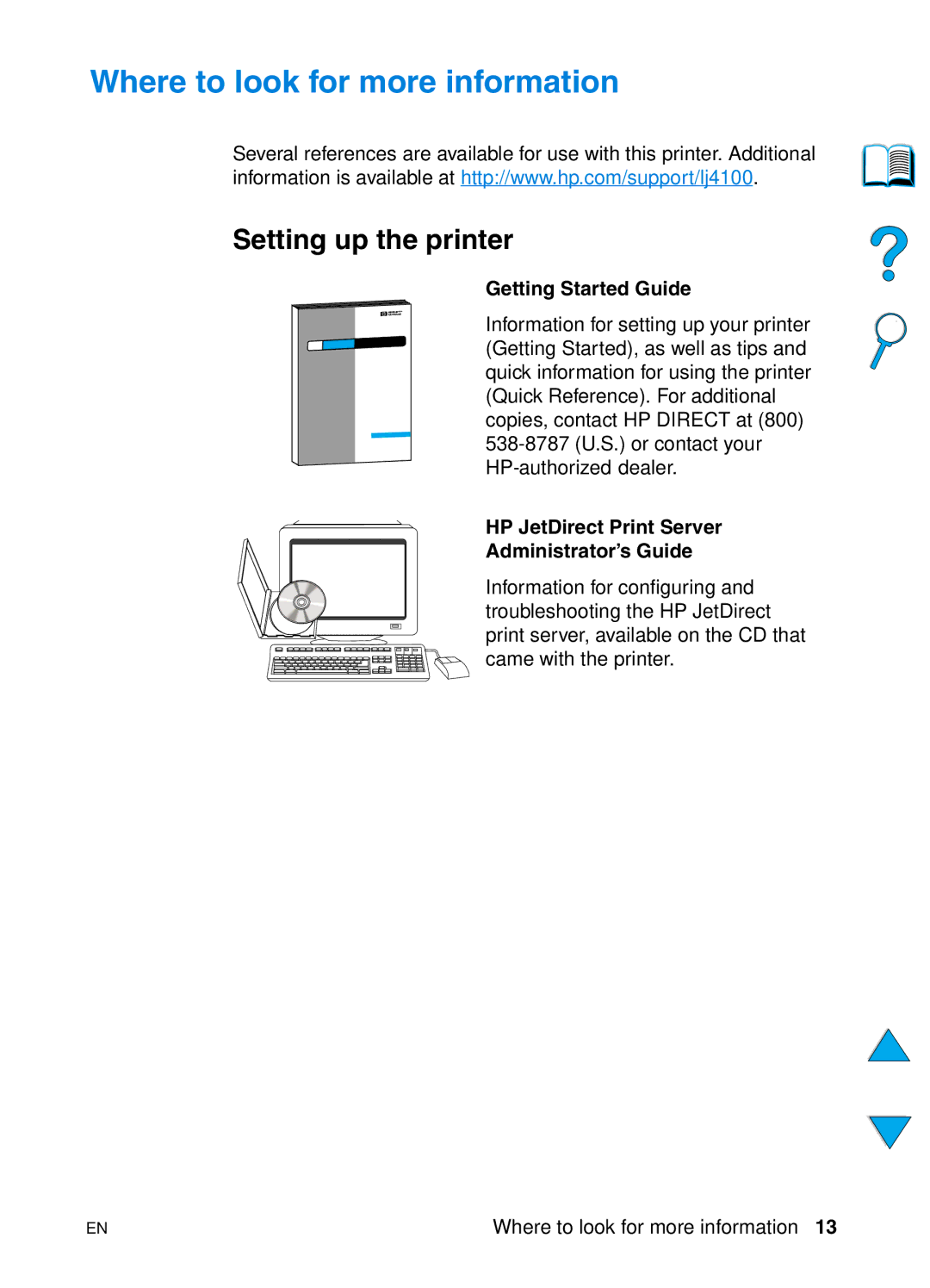 HP 4100N, 4100TN manual Where to look for more information, Setting up the printer, Getting Started Guide 