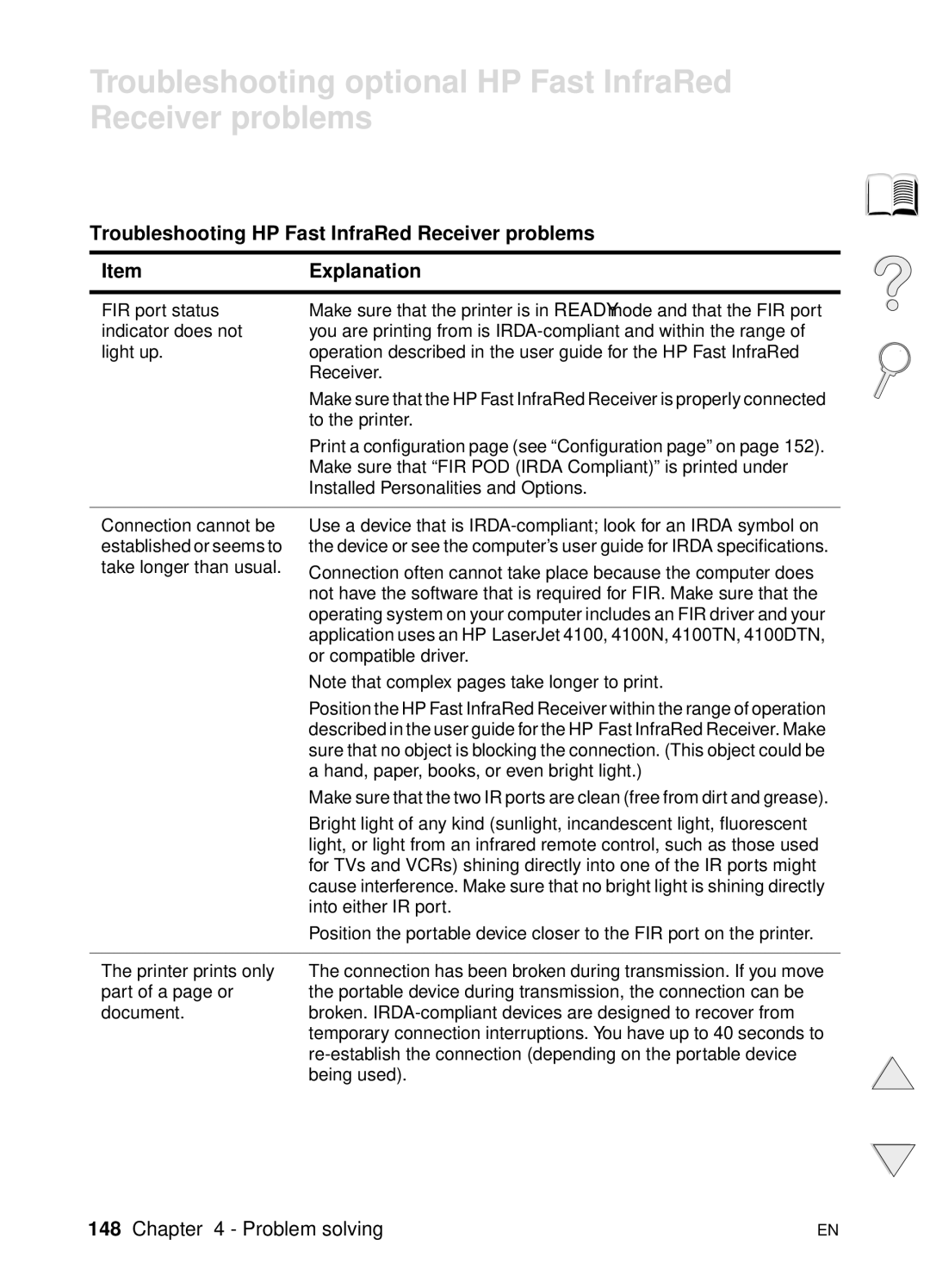 HP 4100TN, 4100N manual Troubleshooting optional HP Fast InfraRed Receiver problems, Or compatible driver 