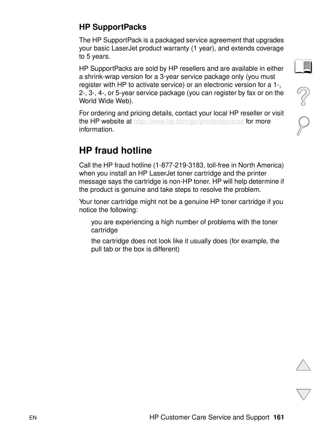 HP 4100N, 4100TN manual HP fraud hotline, HP SupportPacks 