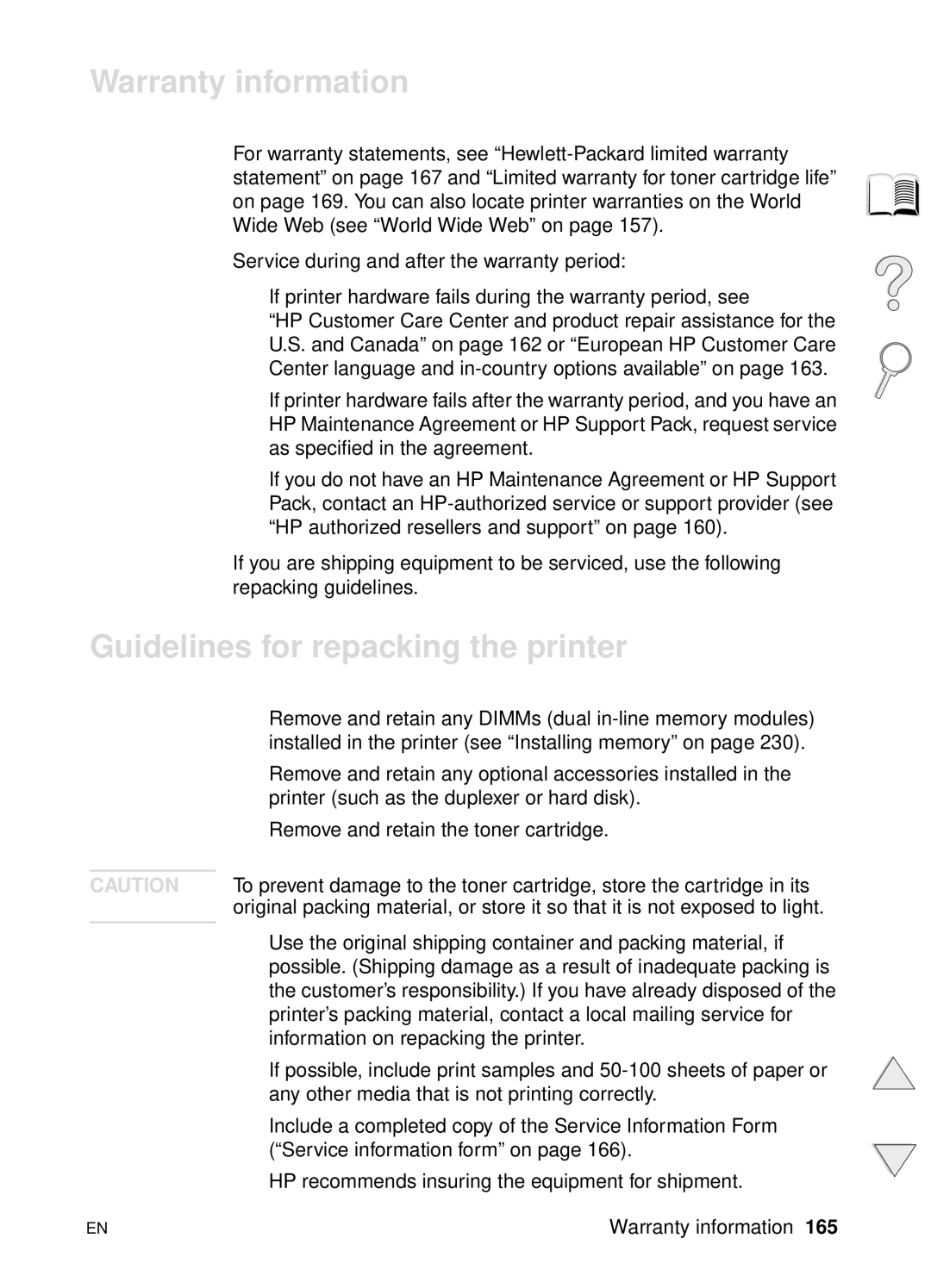 HP 4100N, 4100TN manual Warranty information, Guidelines for repacking the printer 