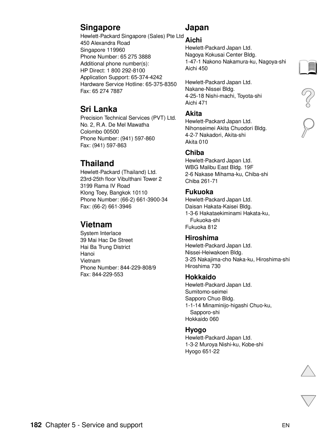 HP 4100TN, 4100N manual Singapore Japan, Sri Lanka, Thailand, Vietnam 