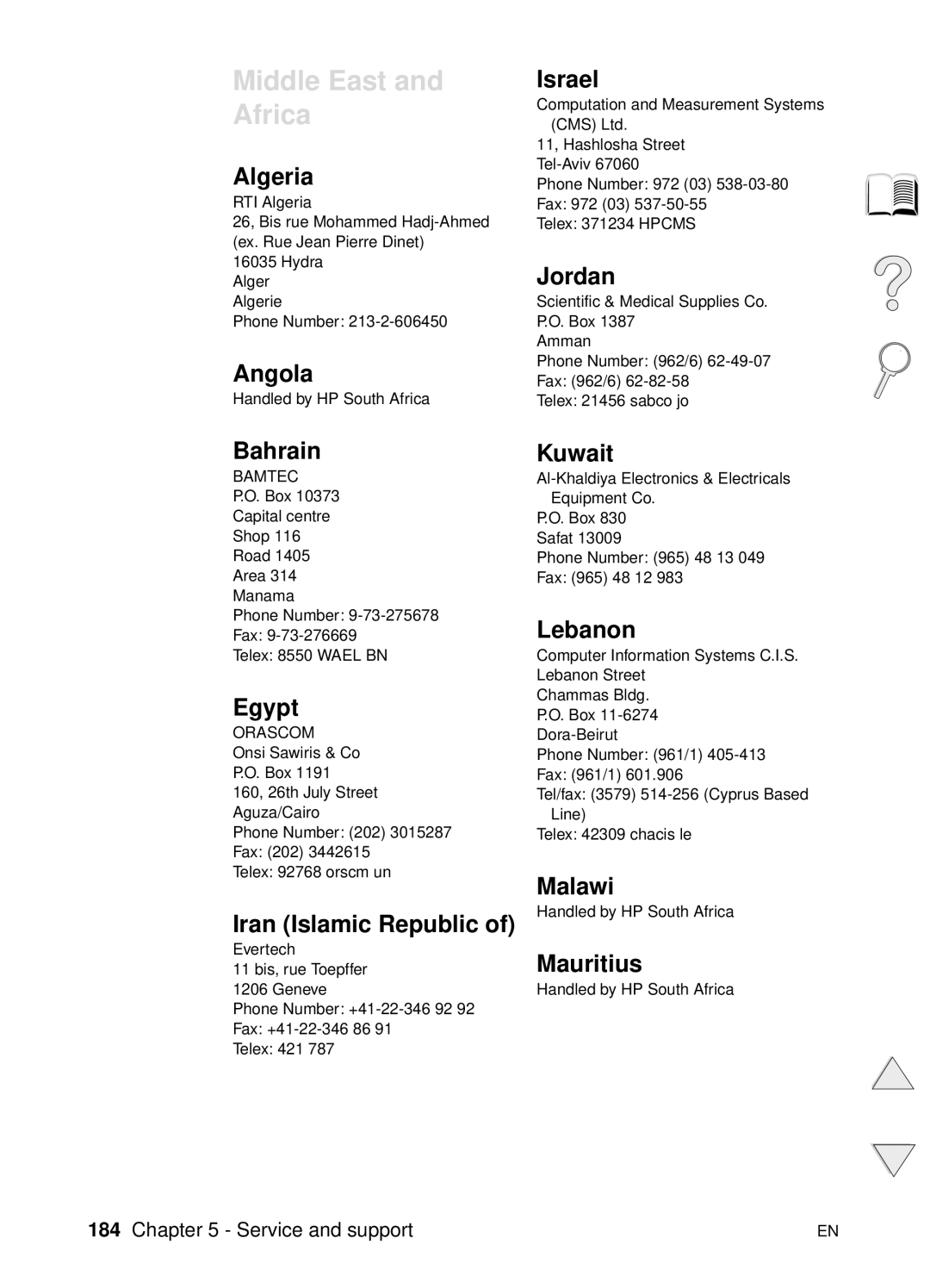 HP 4100TN manual Algeria, Angola, Bahrain, Egypt, Iran Islamic Republic, Israel, Jordan, Kuwait, Lebanon, Malawi, Mauritius 