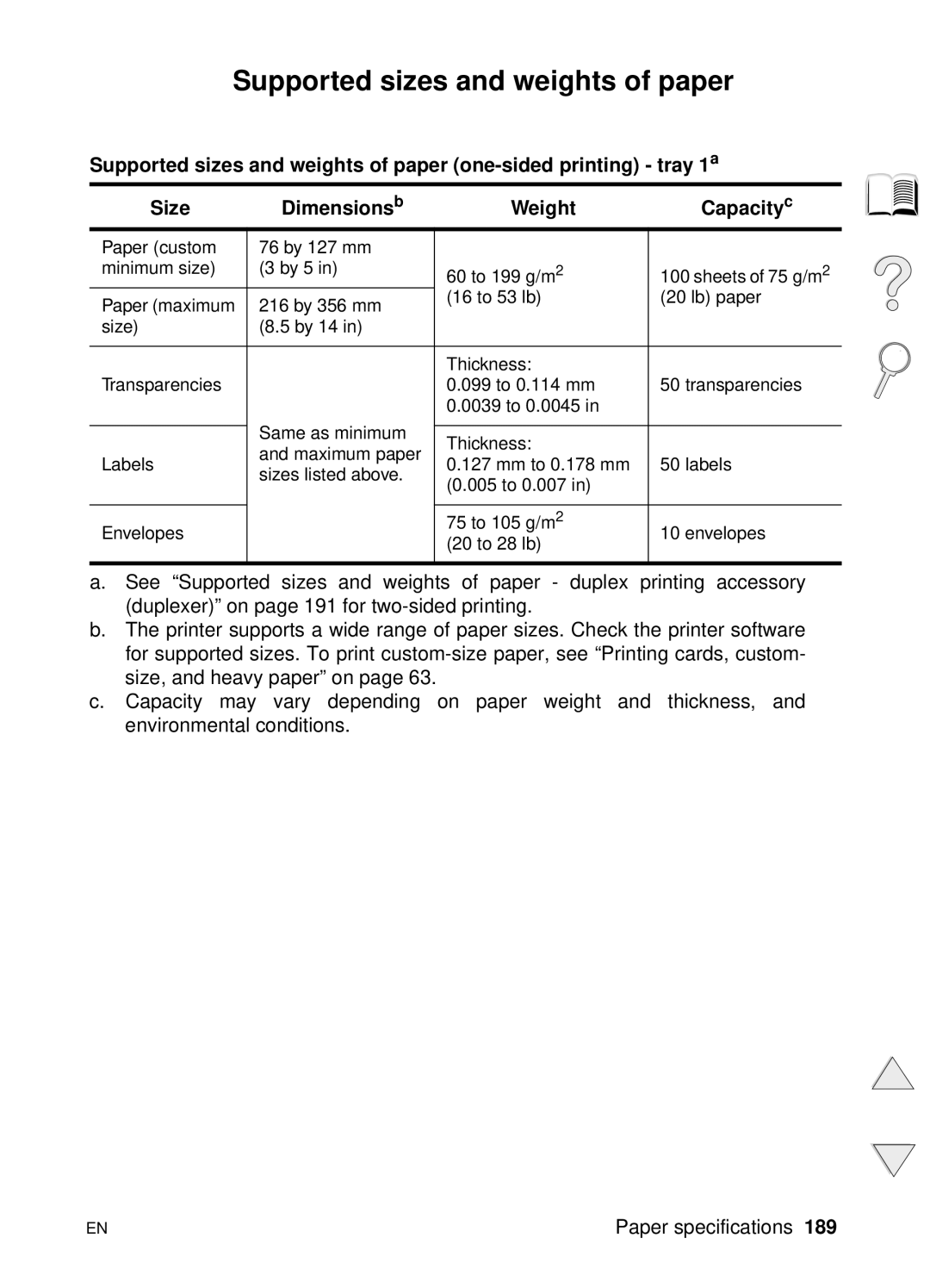 HP 4100N, 4100TN manual Supported sizes and weights of paper 