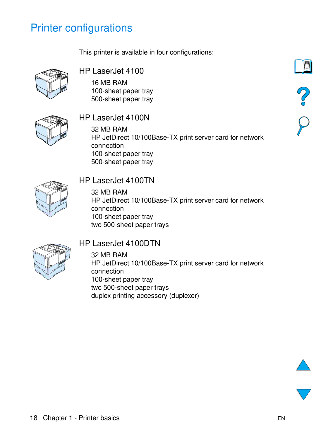 HP manual Printer configurations, HP LaserJet 4100N, HP LaserJet 4100TN, HP LaserJet 4100DTN 