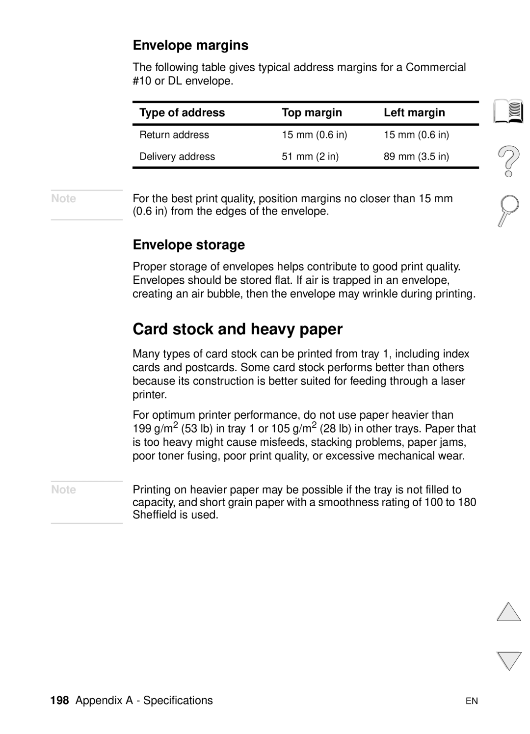 HP 4100TN, 4100N Card stock and heavy paper, Envelope margins, Envelope storage, Type of address Top margin Left margin 