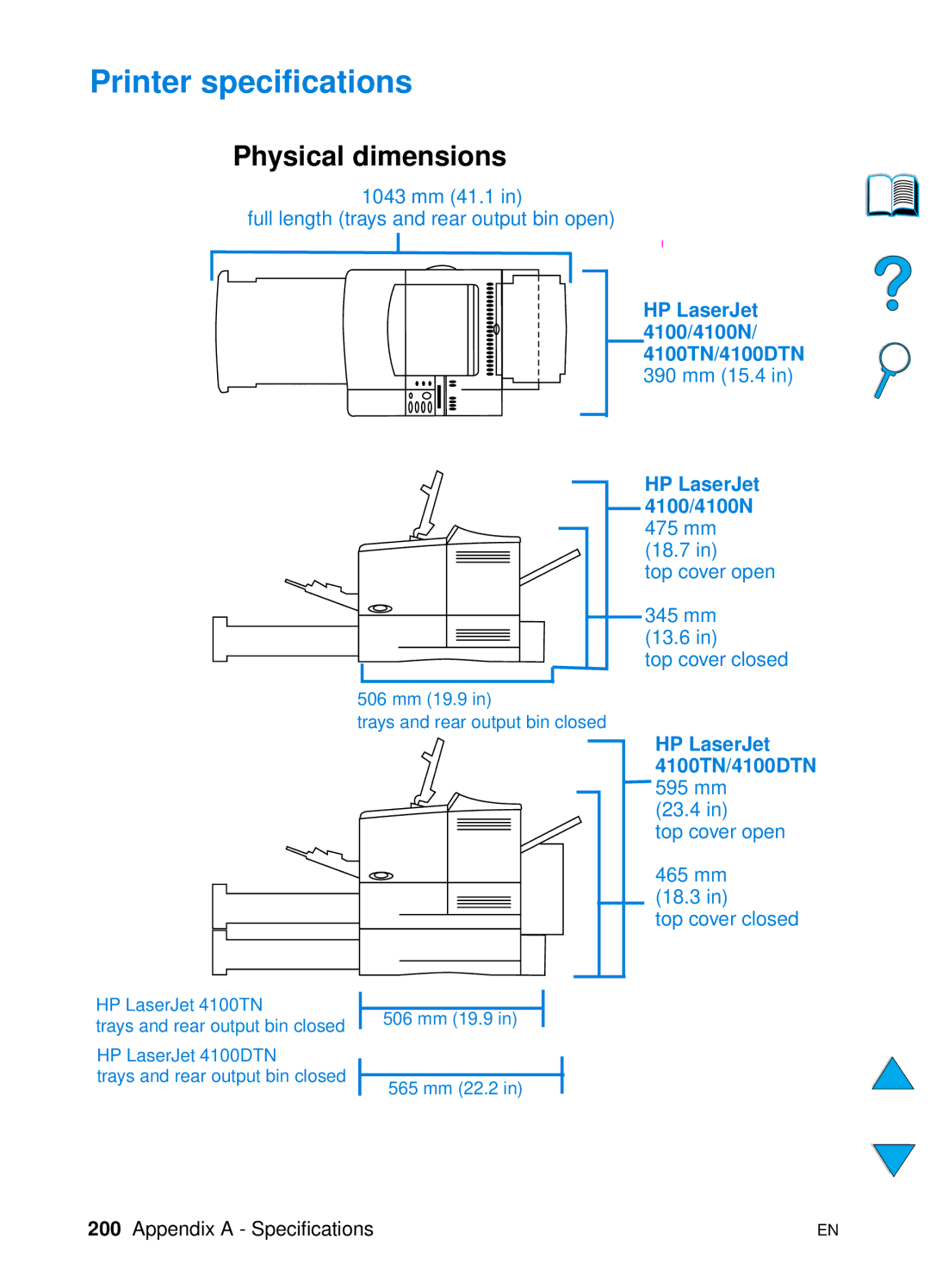 HP 4100TN, 4100N manual Printer specifications, Physical dimensions 