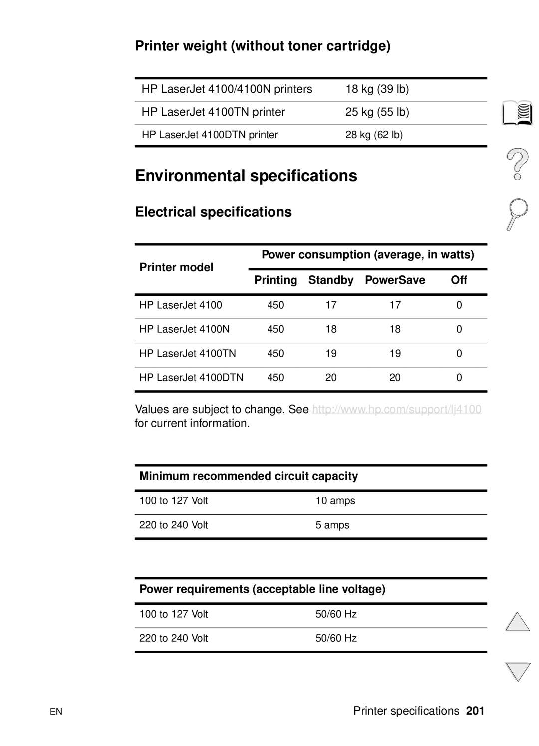 HP 4100N, 4100TN manual Environmental specifications, Printer weight without toner cartridge, Electrical specifications 