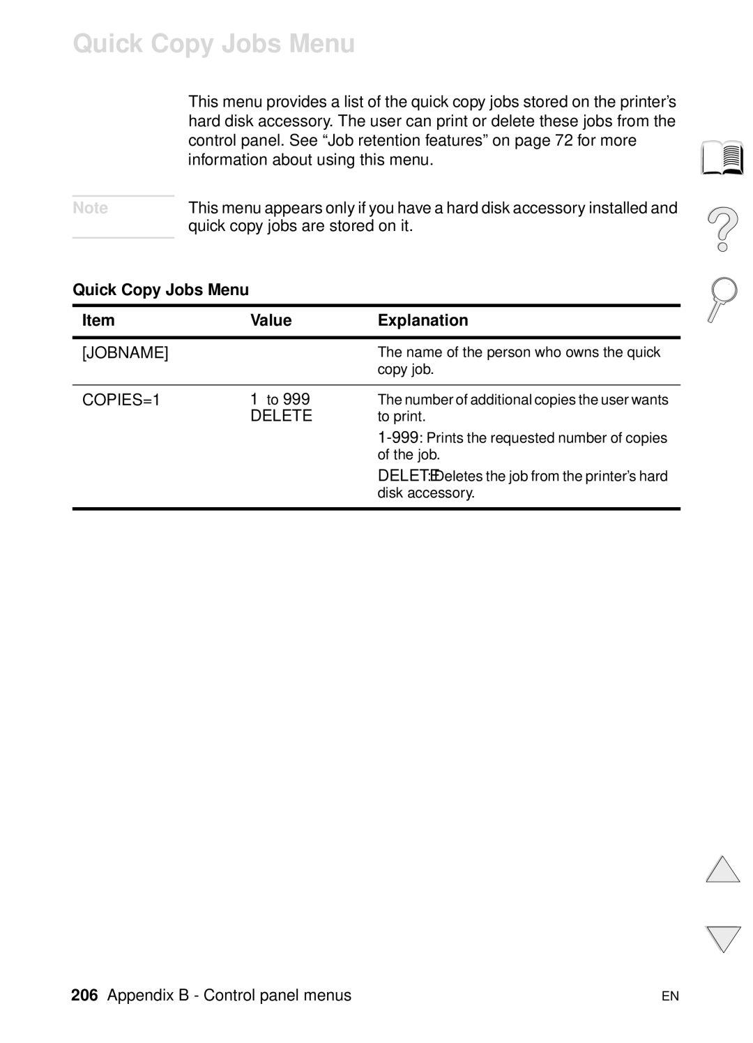 HP 4100TN, 4100N manual Quick Copy Jobs Menu Value Explanation, Jobname, COPIES=1, Delete 