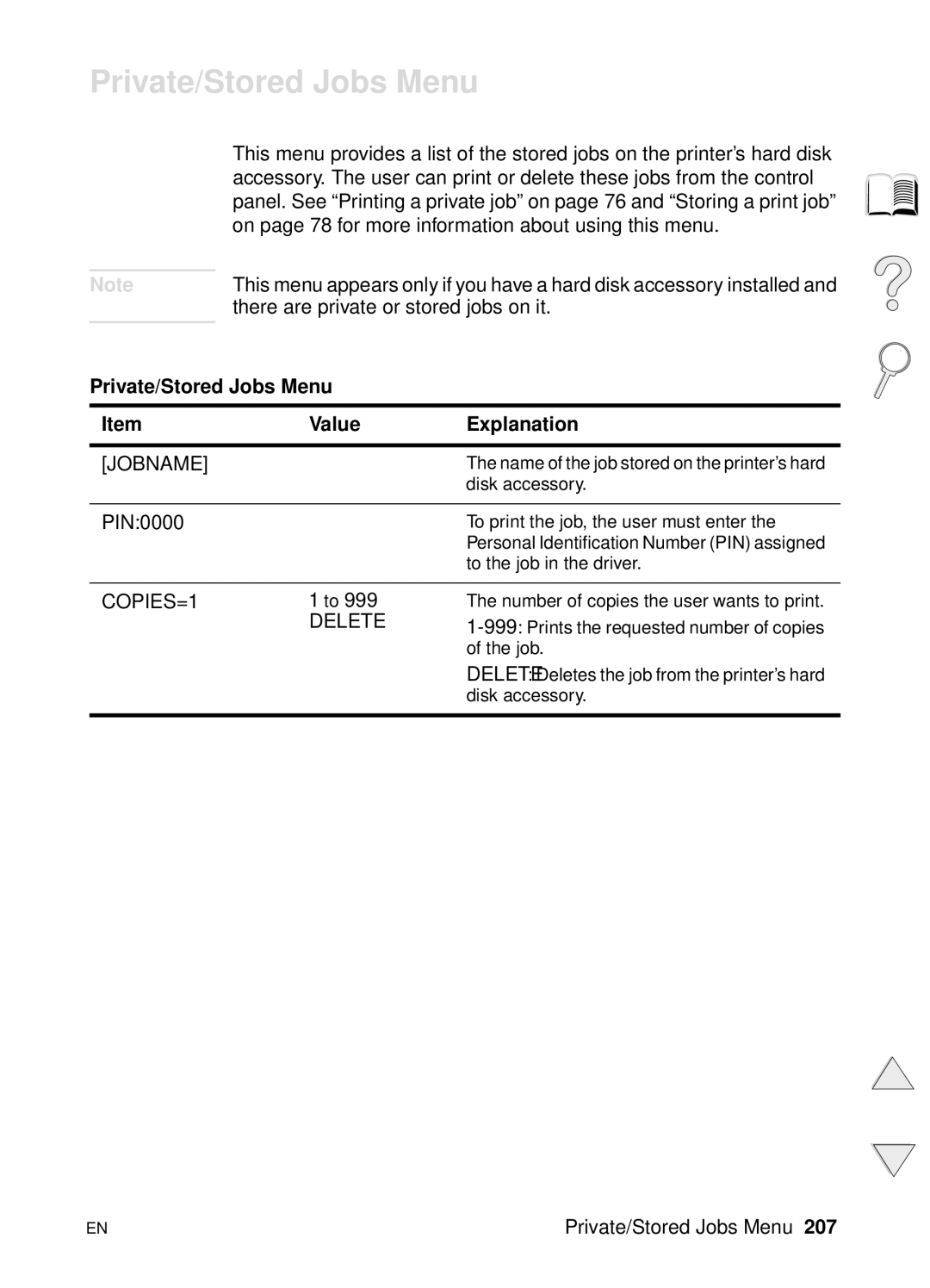 HP 4100N, 4100TN manual Private/Stored Jobs Menu Value Explanation 