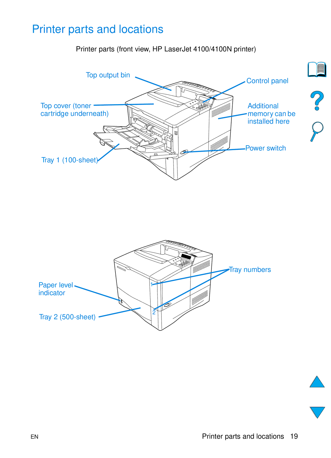 HP 4100TN manual Printer parts and locations, Printer parts front view, HP LaserJet 4100/4100N printer 