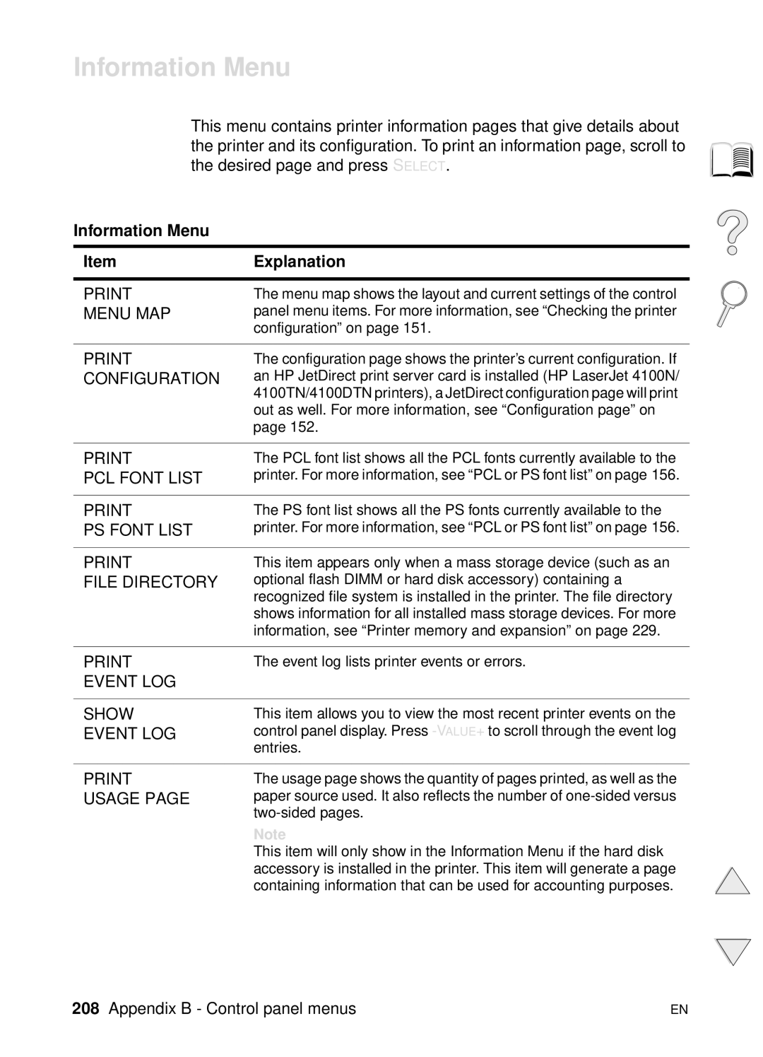 HP 4100TN, 4100N manual Information Menu Explanation 