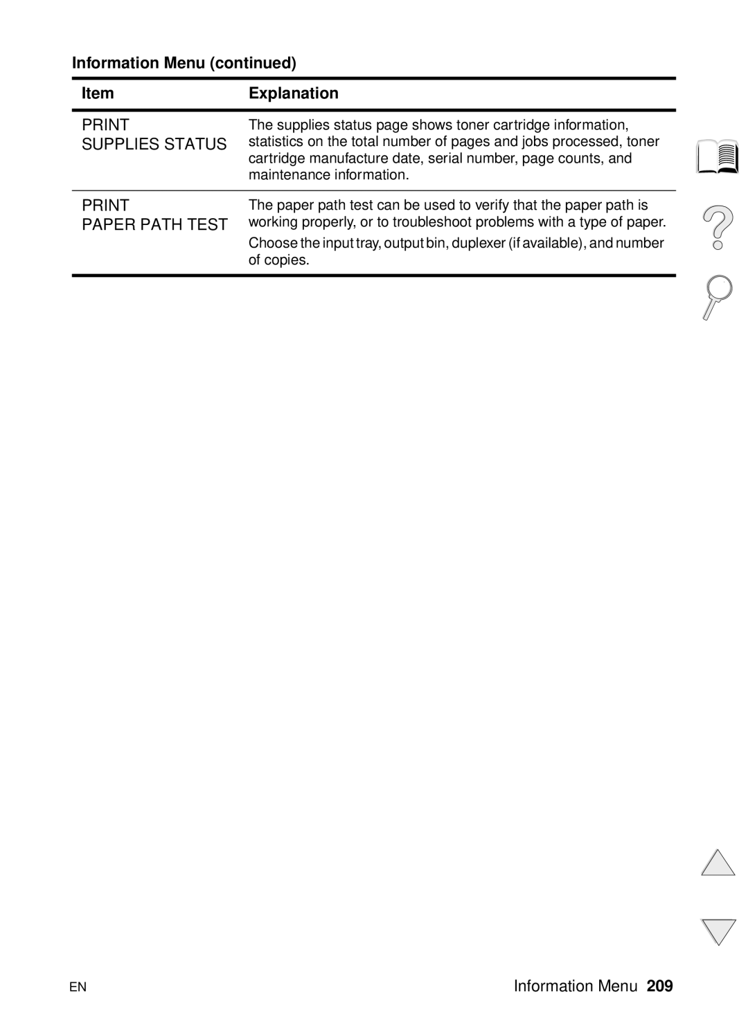 HP 4100N, 4100TN manual Information Menu ItemExplanation, Print Supplies Status, Print Paper Path Test 