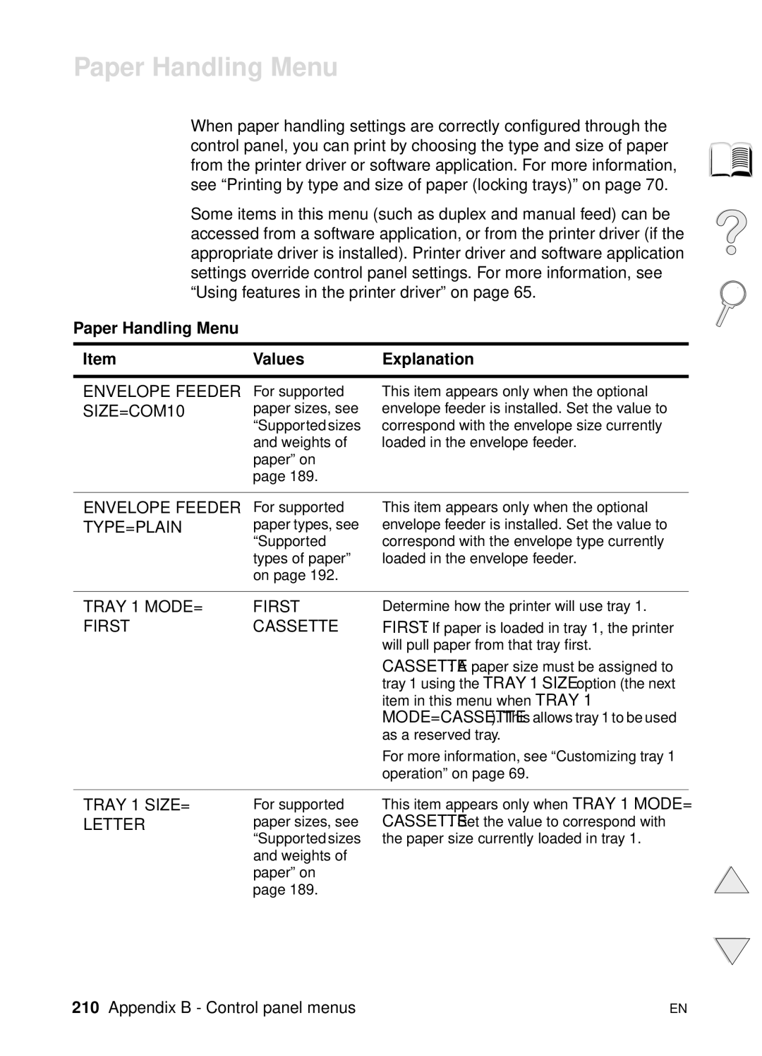 HP 4100TN, 4100N manual Paper Handling Menu Values Explanation 