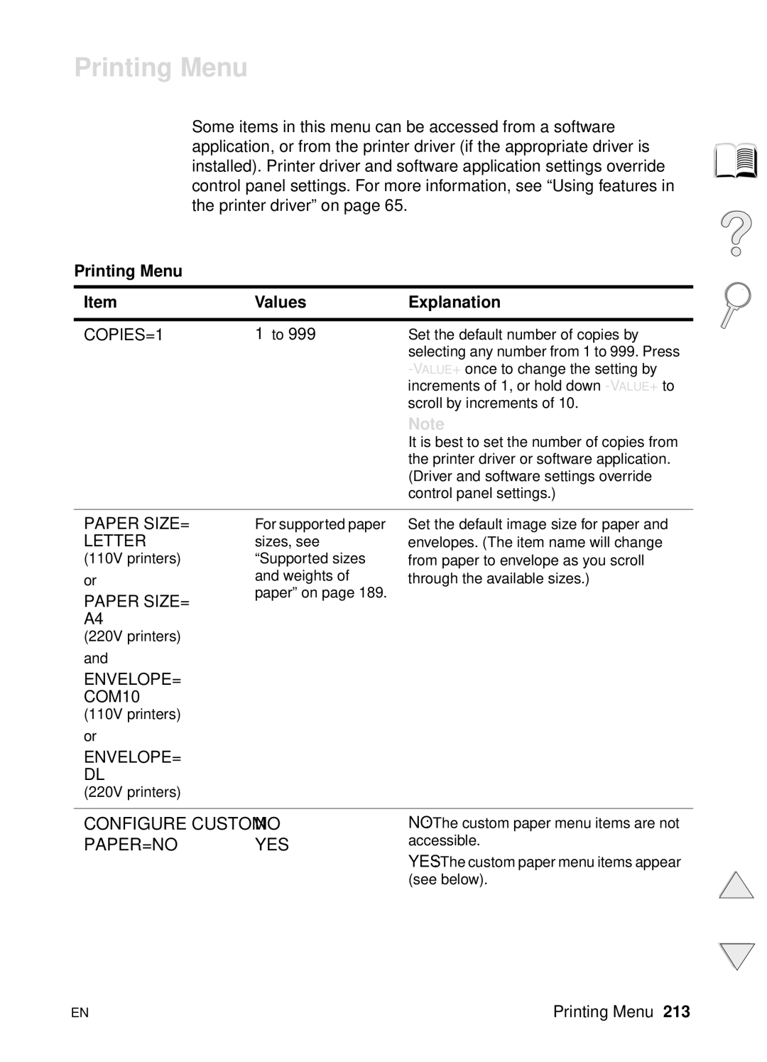 HP 4100N, 4100TN manual Printing Menu Values Explanation 