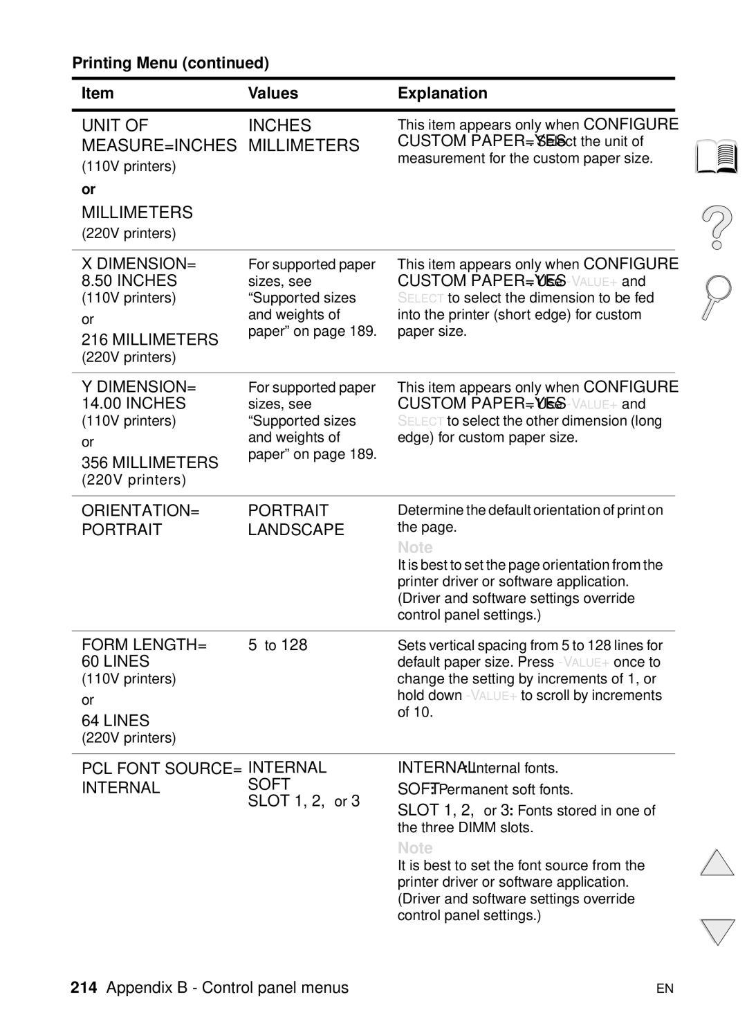 HP 4100TN, 4100N manual Dimension=, Inches, Millimeters, ORIENTATION= Portrait, Portrait Landscape, Form LENGTH=, Lines 