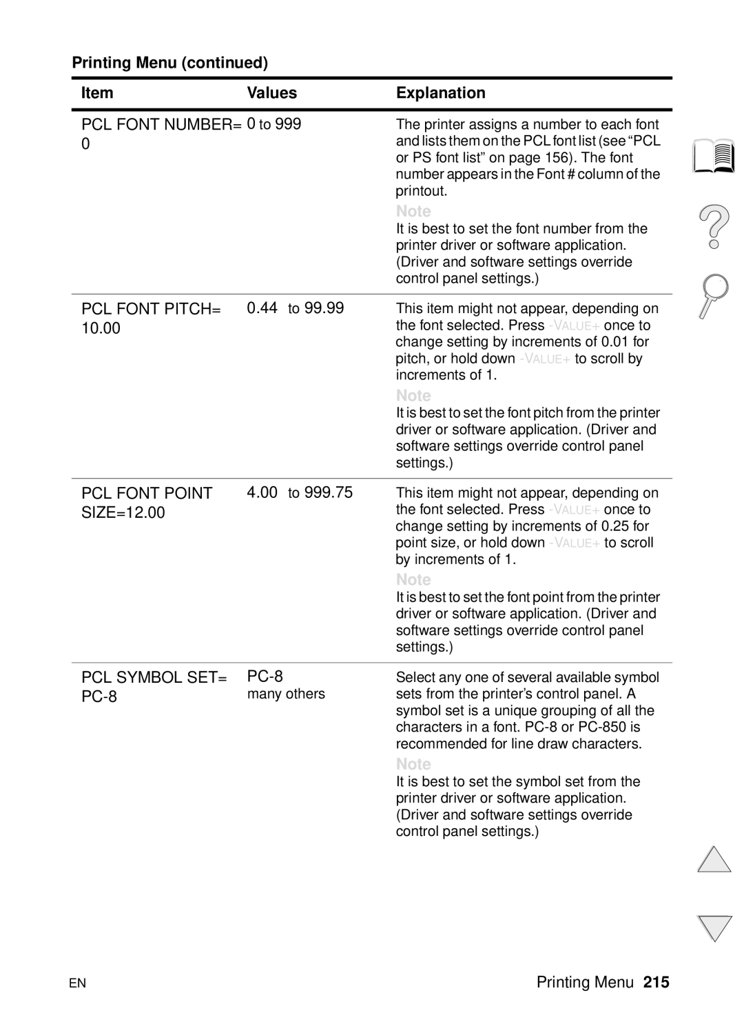 HP 4100N, 4100TN manual PCL Font NUMBER=, PCL Font PITCH=, PCL Font Point, PCL Symbol SET= 