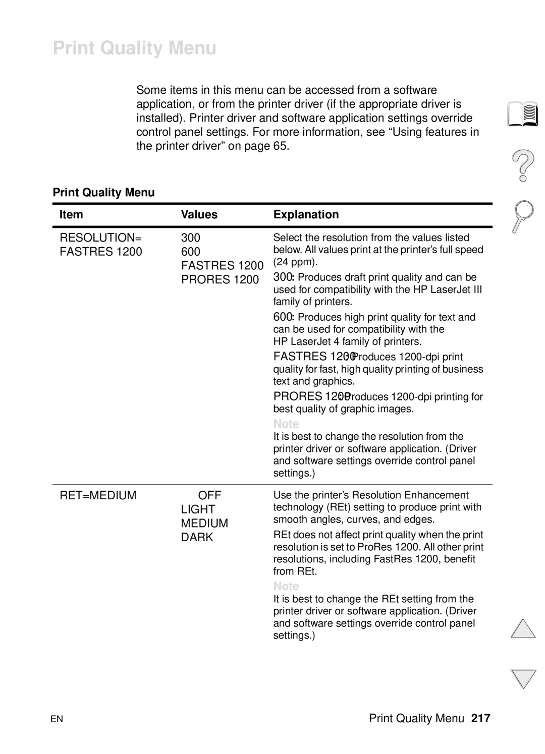 HP 4100N, 4100TN manual Print Quality Menu Values Explanation 