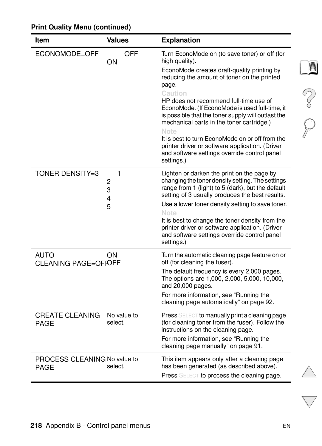 HP 4100TN, 4100N manual Economode=Off, Toner DENSITY=3, Auto, Create Cleaning 