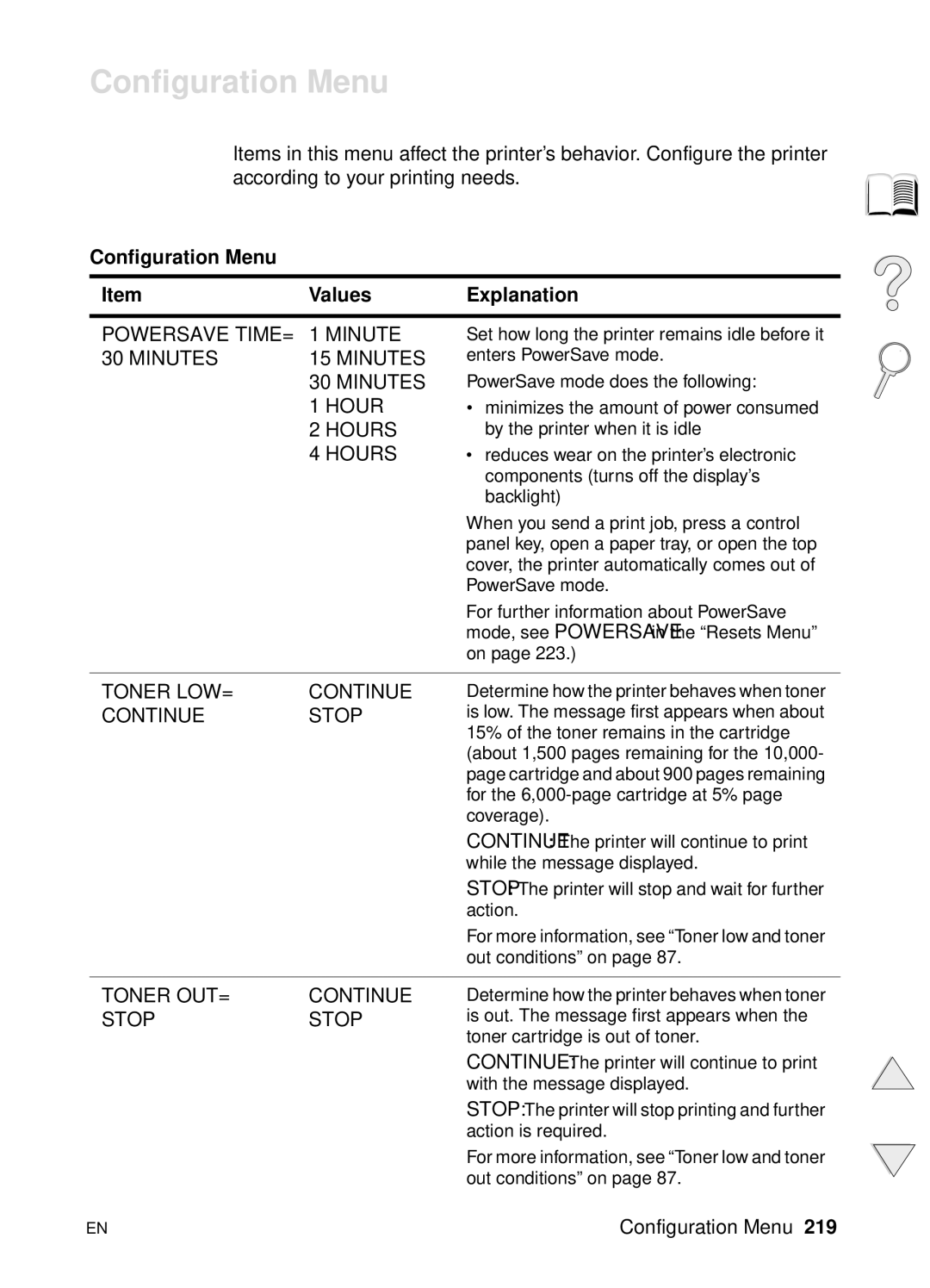 HP 4100N, 4100TN manual Configuration Menu Values Explanation 