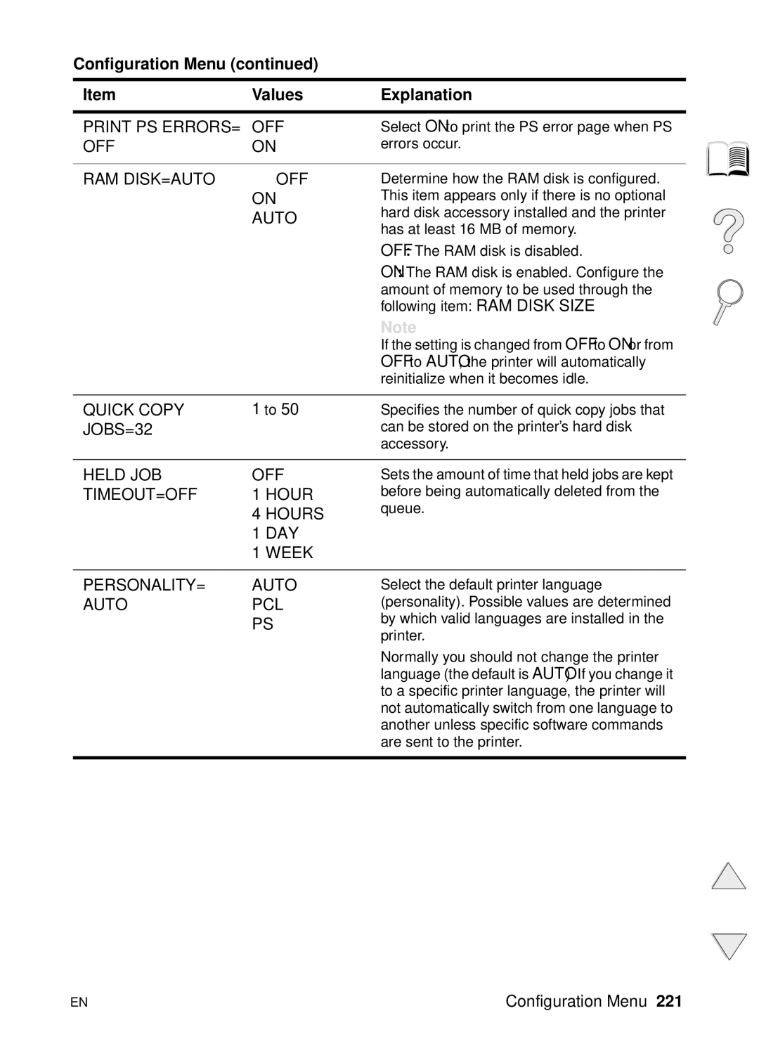 HP 4100N, 4100TN manual Print PS ERRORS= OFF, Ram Disk=Auto Off, Quick Copy, JOBS=32, Held JOB OFF, TIMEOUT=OFF Hour 