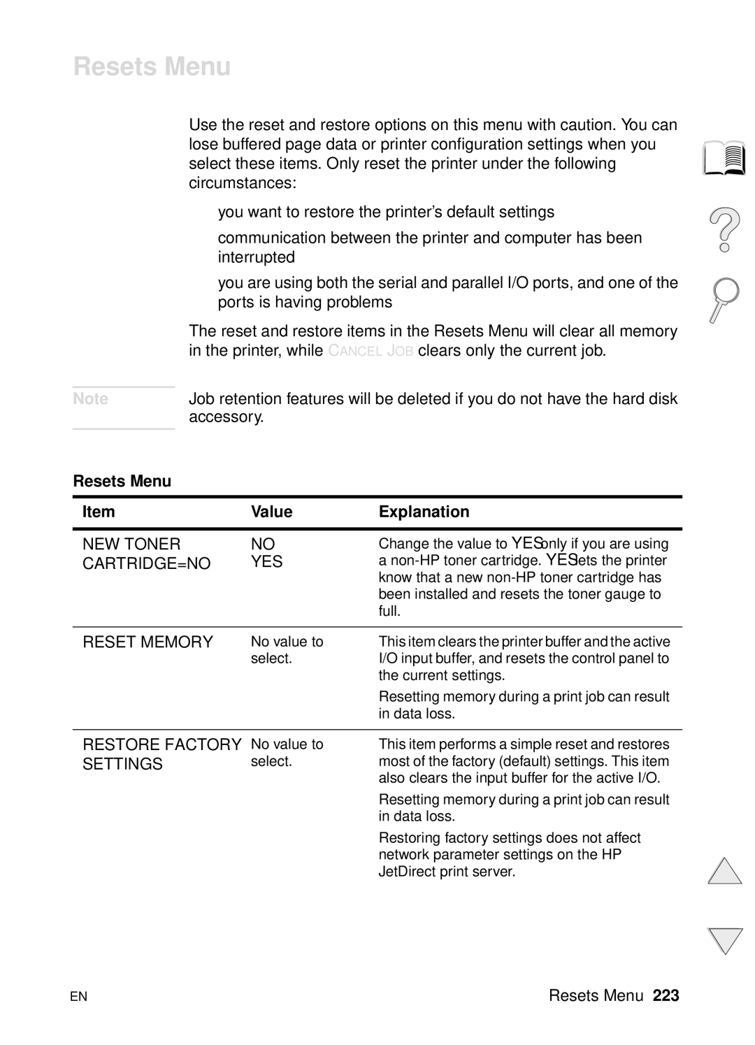 HP 4100N, 4100TN manual Accessory Resets Menu Value Explanation 