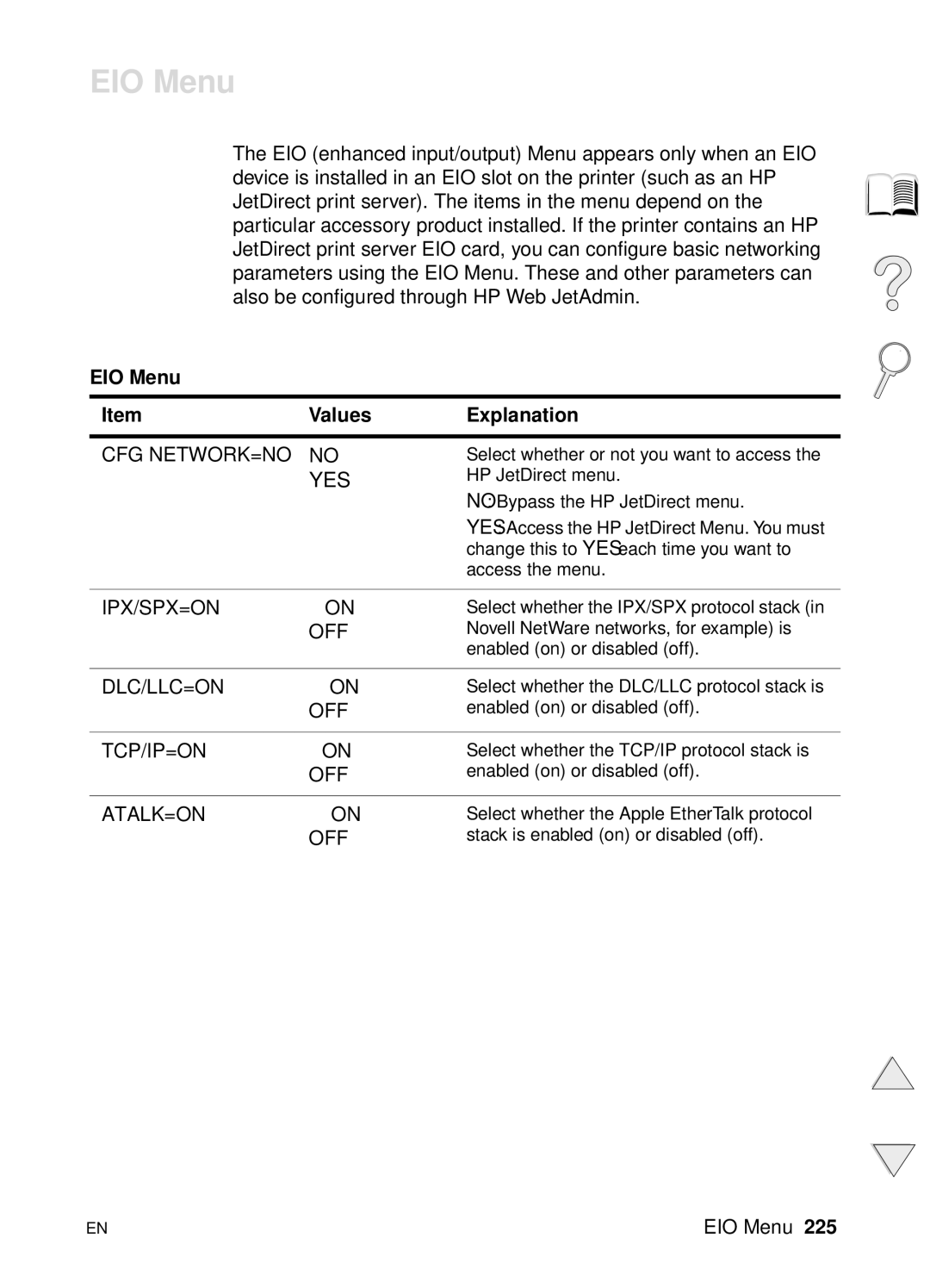 HP 4100N, 4100TN manual EIO Menu Values Explanation 