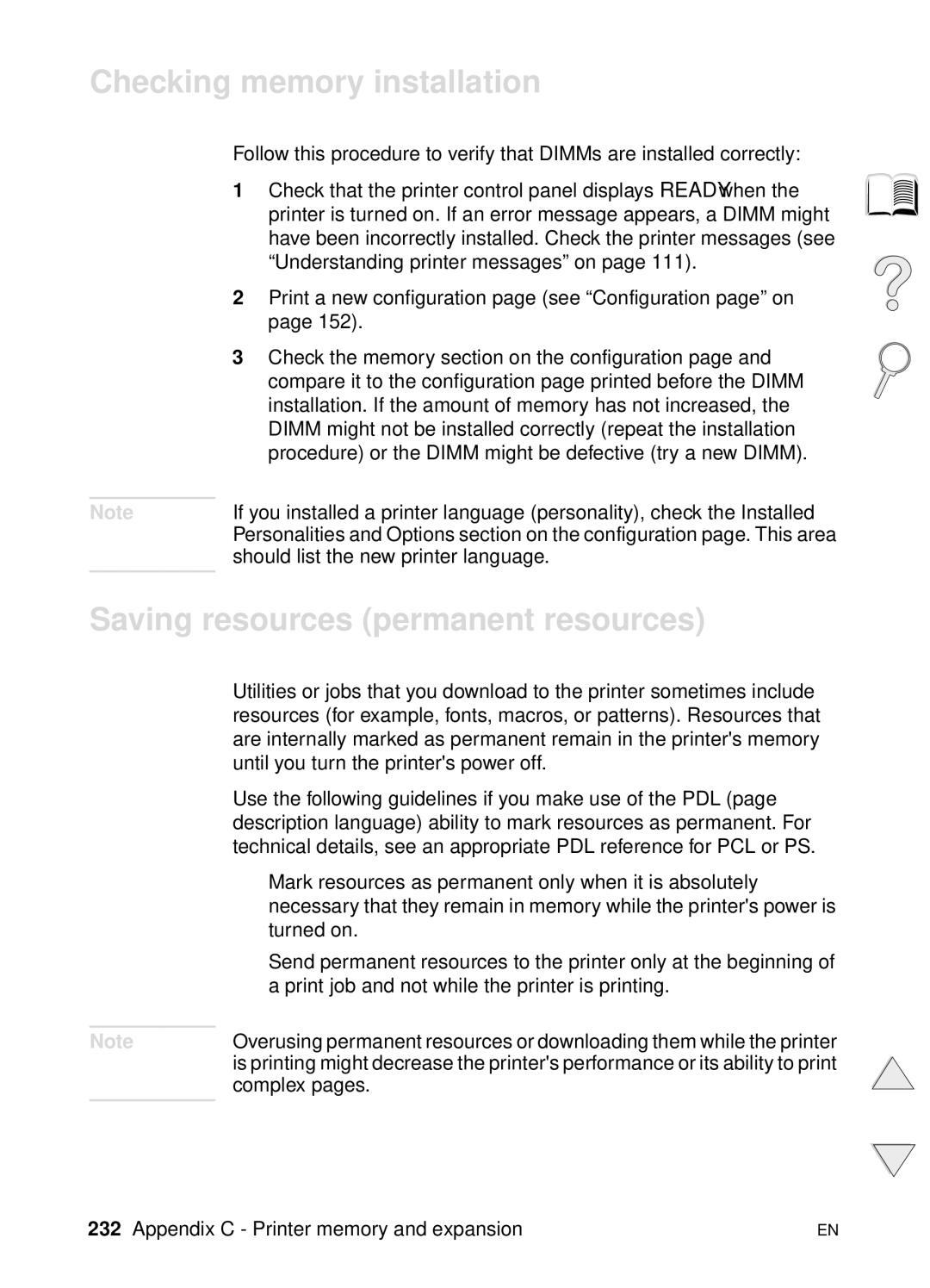 HP 4100TN, 4100N manual Checking memory installation, Saving resources permanent resources 