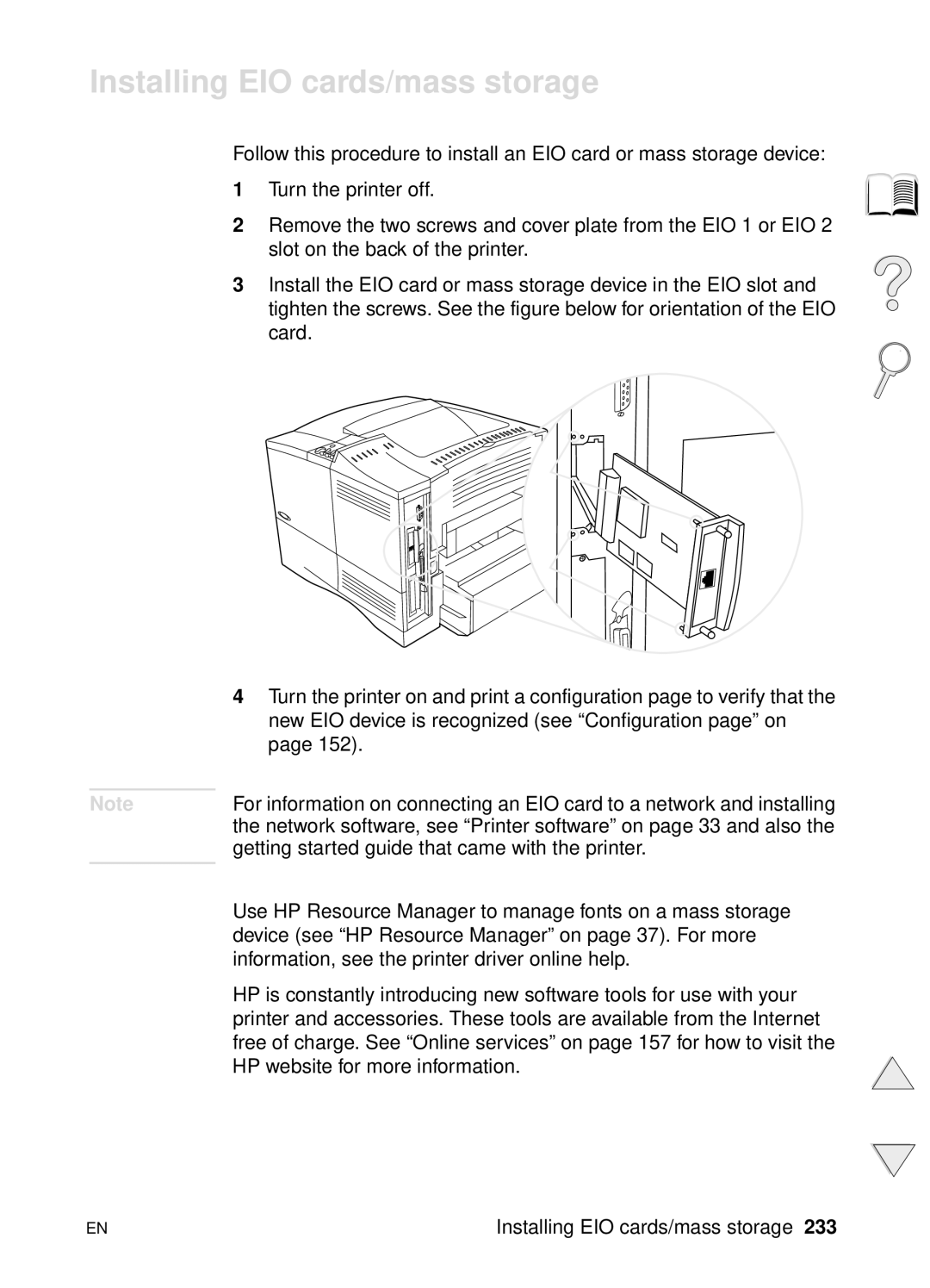 HP 4100N, 4100TN manual Installing EIO cards/mass storage 