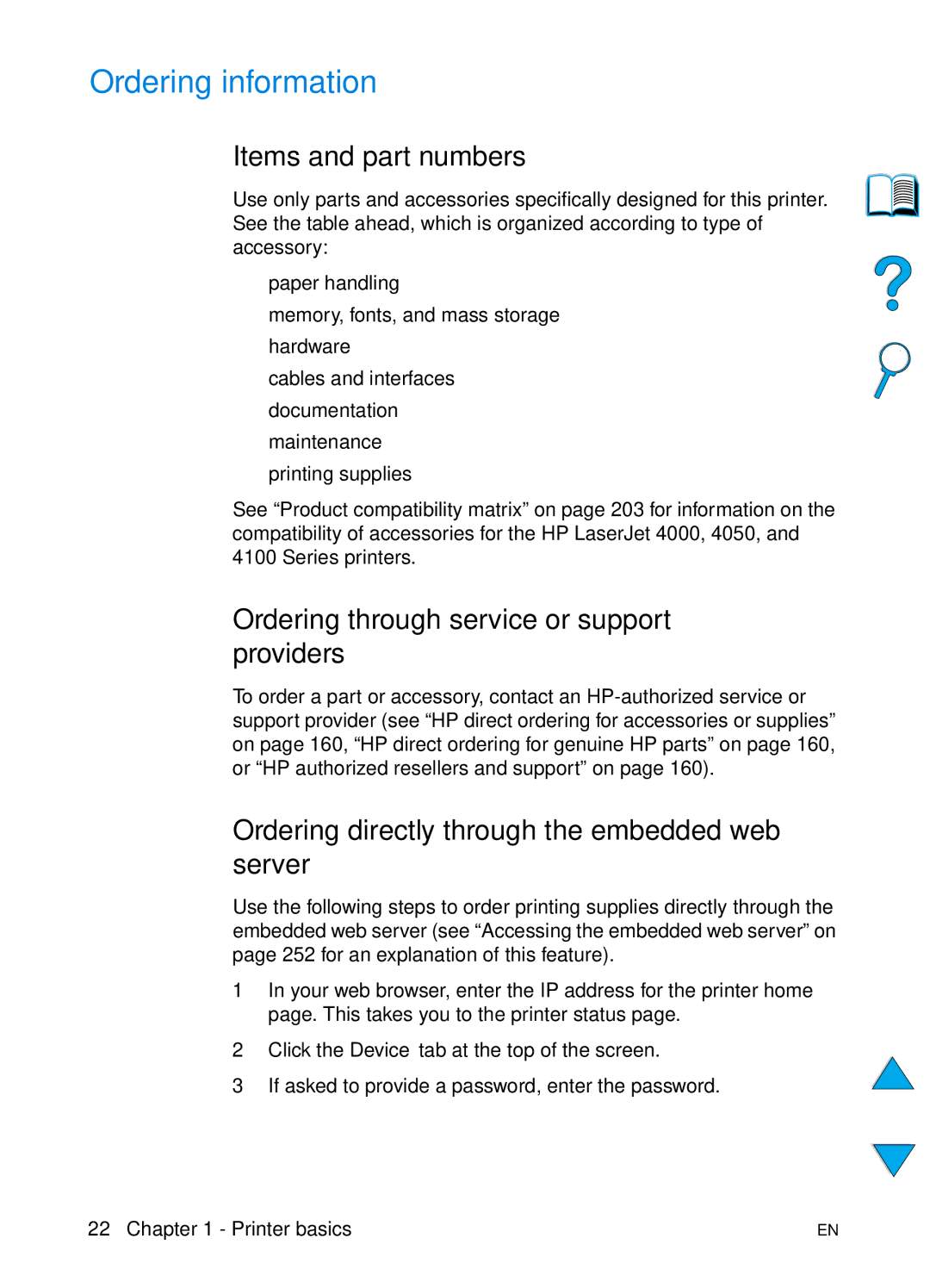 HP 4100TN, 4100N manual Ordering information, Items and part numbers, Ordering through service or support providers 