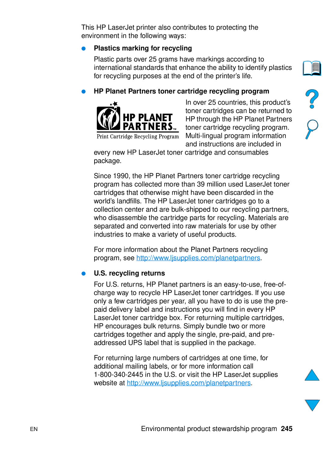 HP 4100N, 4100TN Plastics marking for recycling, HP Planet Partners toner cartridge recycling program, Recycling returns 