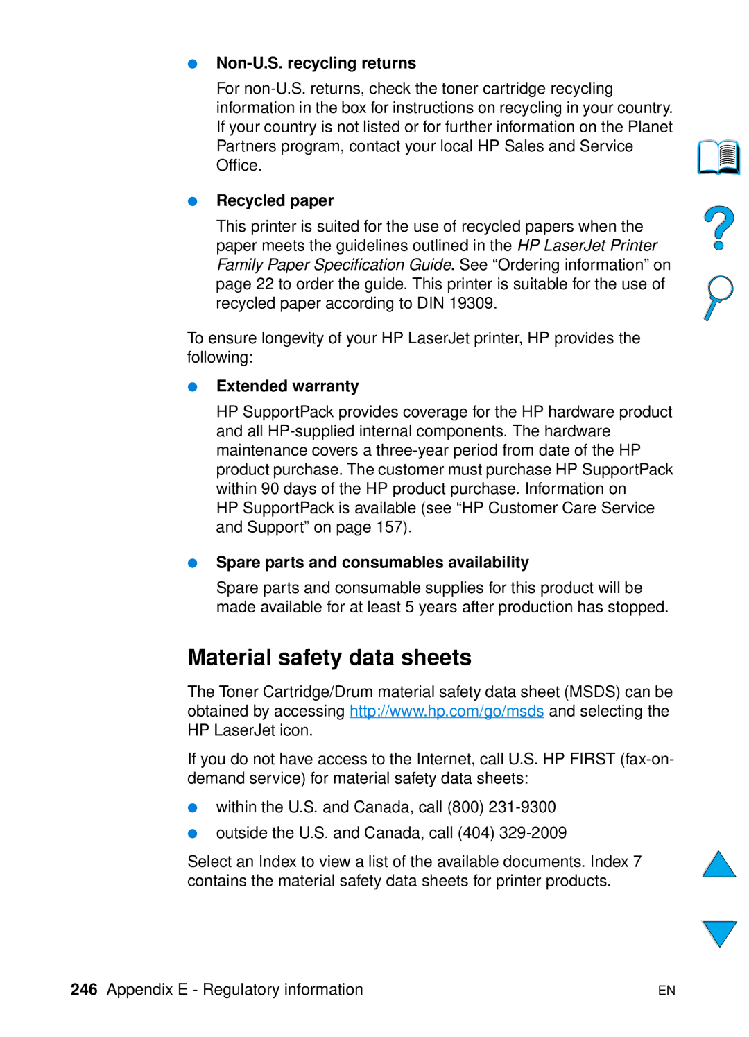 HP 4100TN, 4100N manual Material safety data sheets, Non-U.S. recycling returns, Recycled paper, Extended warranty 