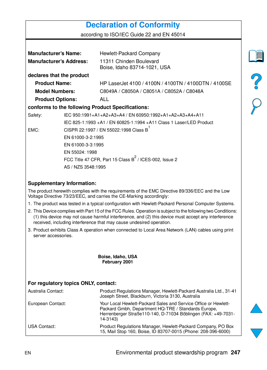 HP 4100N, 4100TN manual Declaration of Conformity 