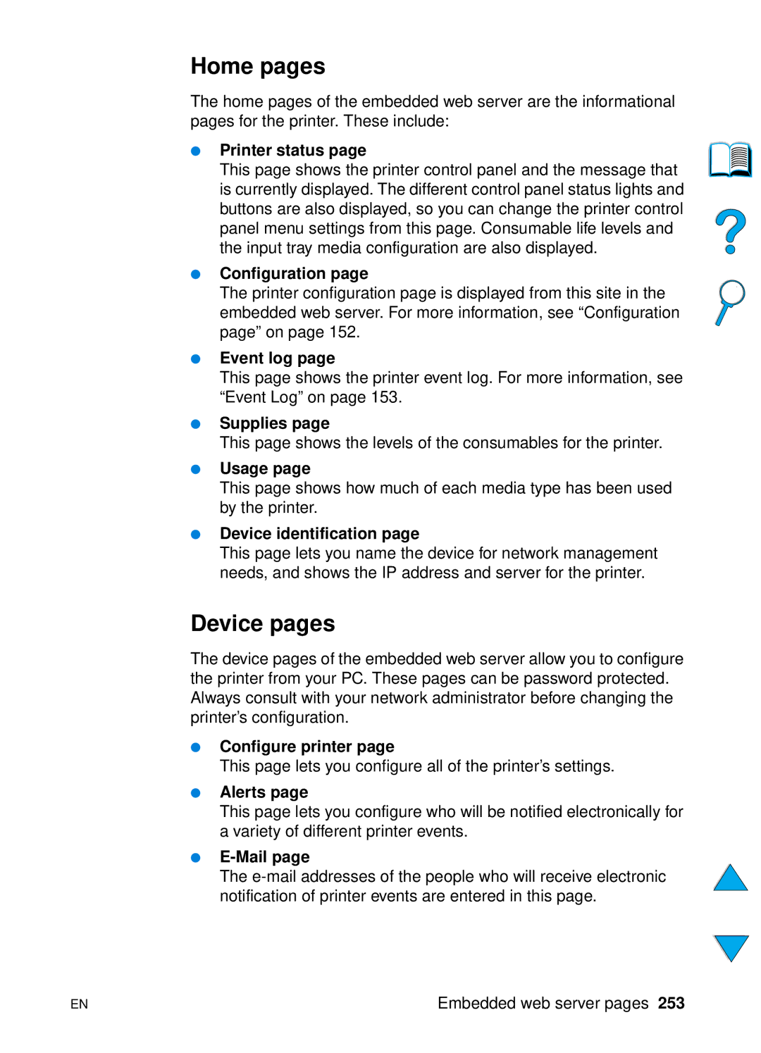 HP 4100N, 4100TN manual Home pages, Device pages 