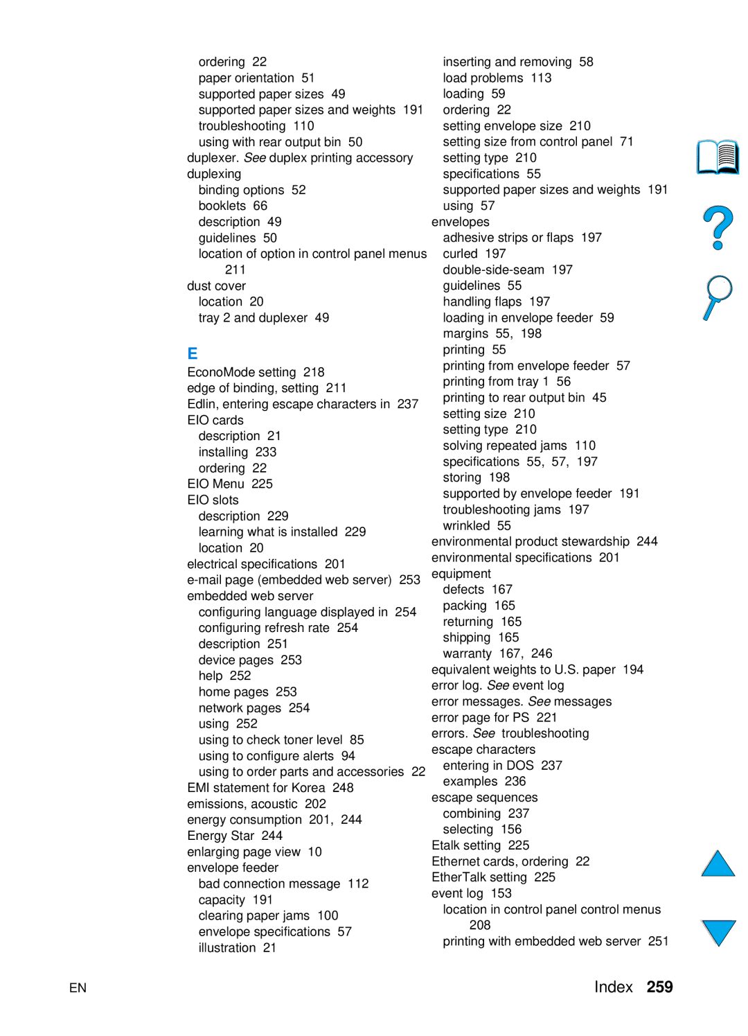 HP 4100N, 4100TN manual Escape sequences combining 237 selecting 156 Etalk setting 