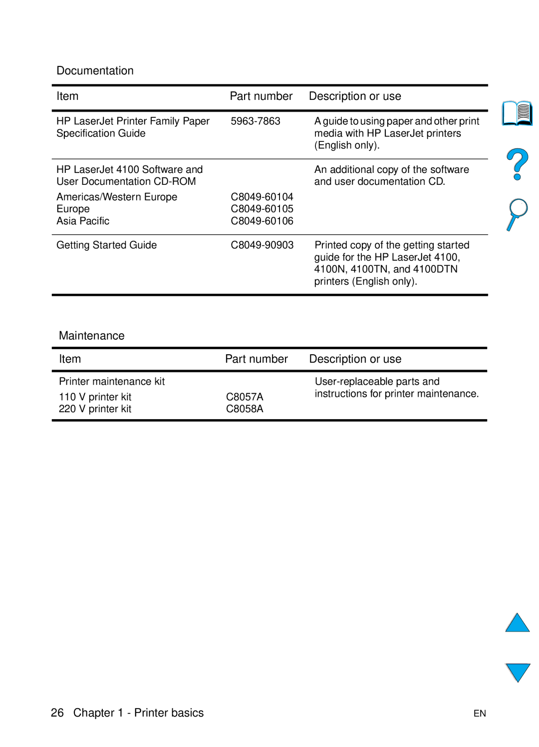 HP 4100TN, 4100N manual Documentation, Maintenance Part number Description or use 