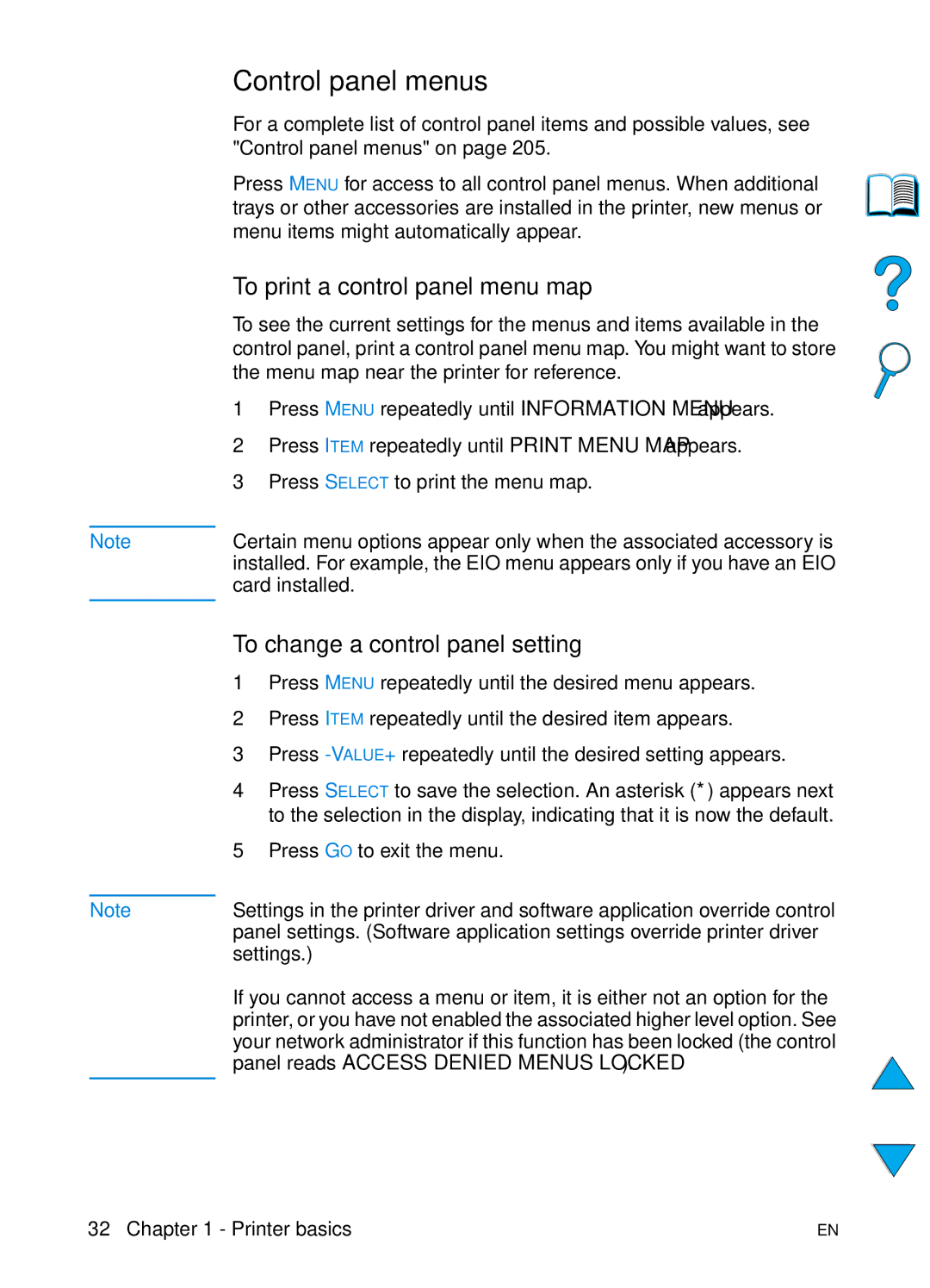 HP 4100TN, 4100N manual Control panel menus, To print a control panel menu map, To change a control panel setting 