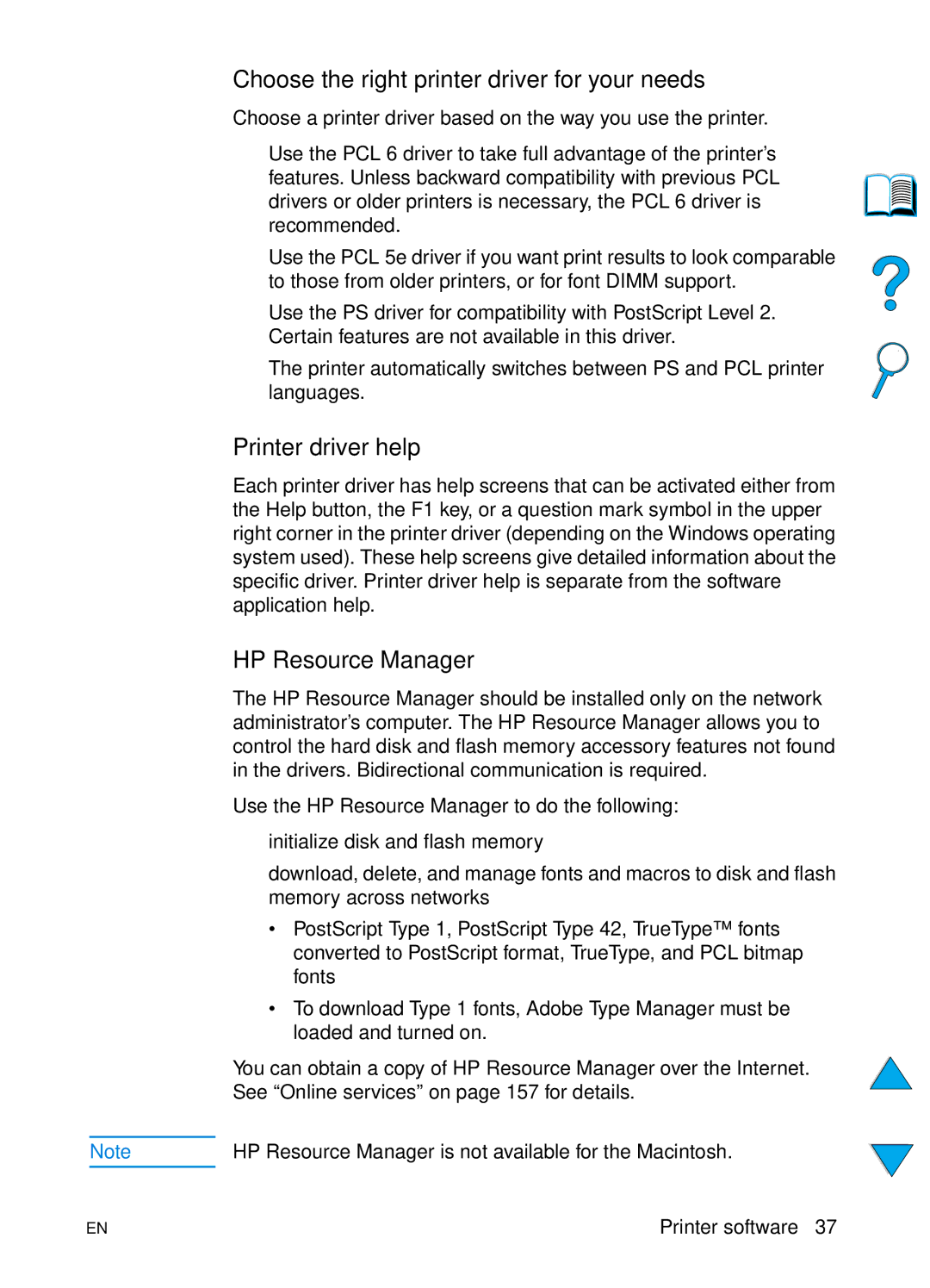 HP 4100N, 4100TN manual Choose the right printer driver for your needs, Printer driver help, HP Resource Manager 