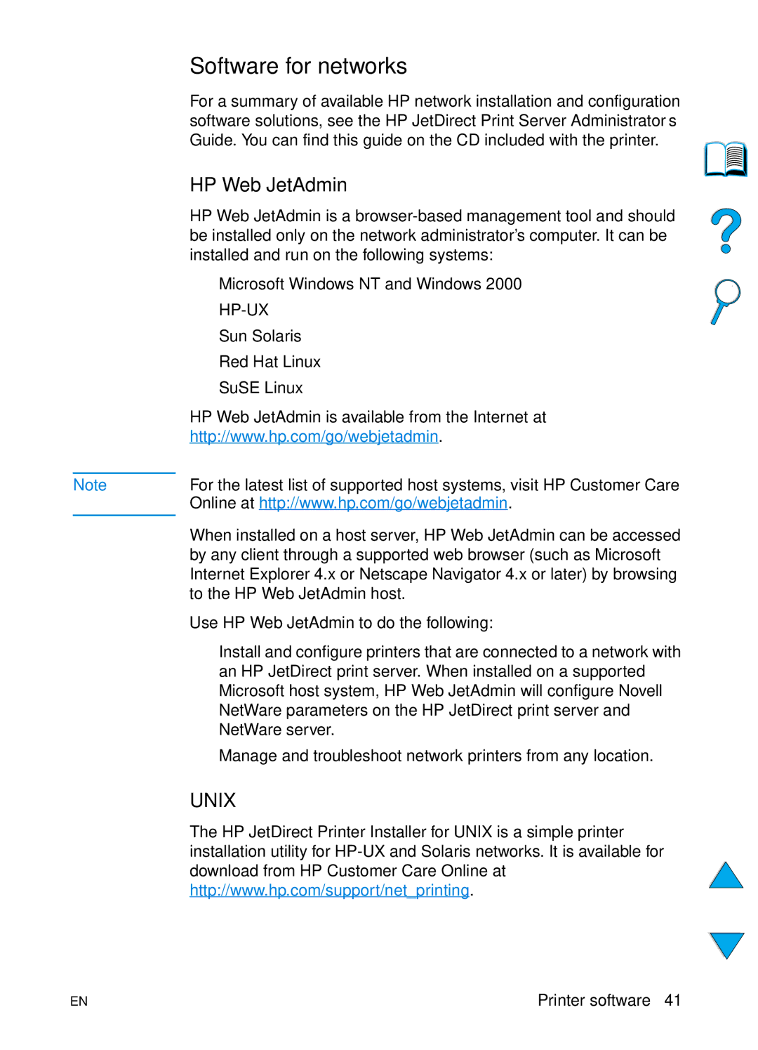 HP 4100N, 4100TN manual Software for networks, HP Web JetAdmin 