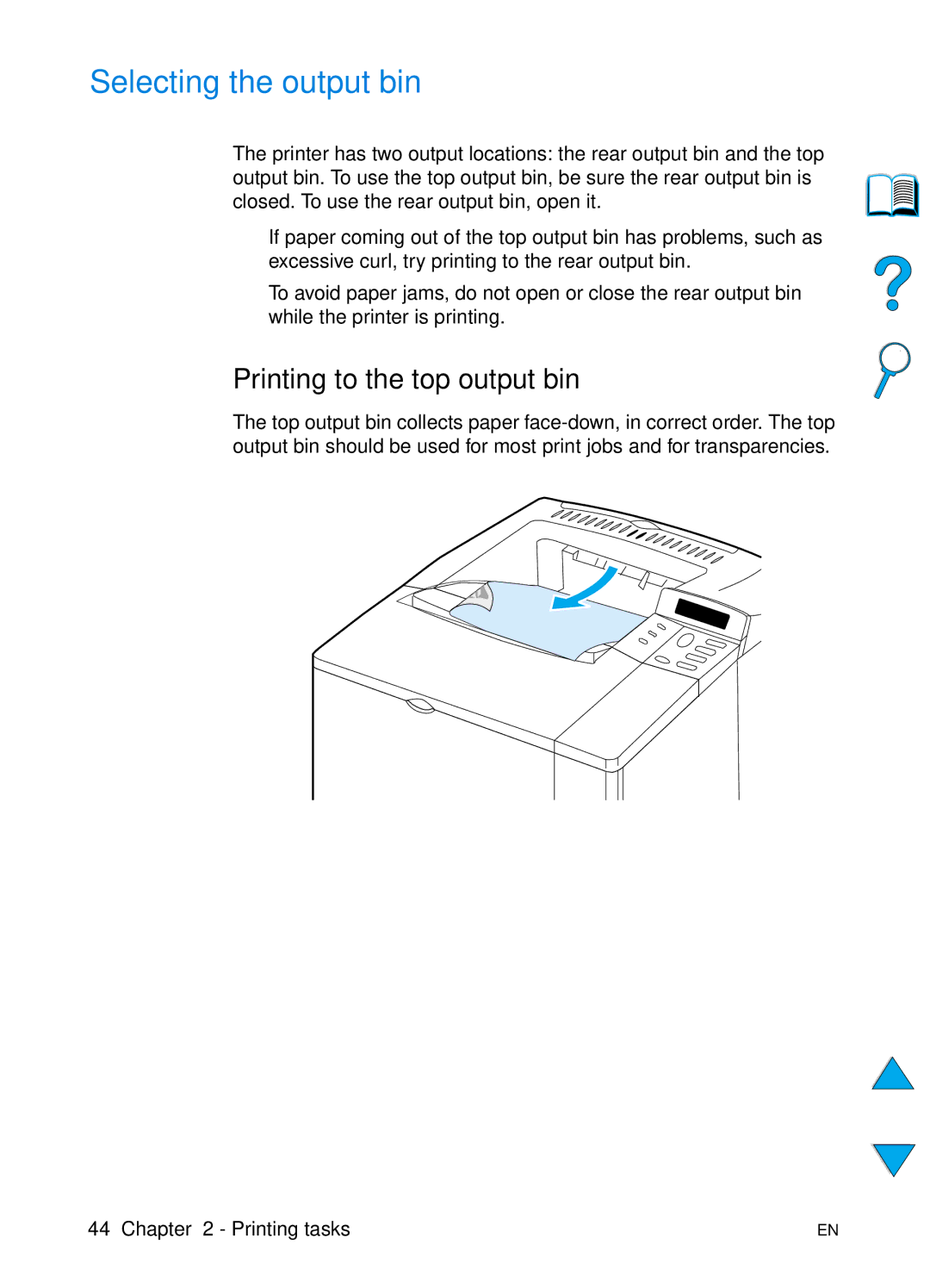 HP 4100TN, 4100N manual Selecting the output bin, Printing to the top output bin 