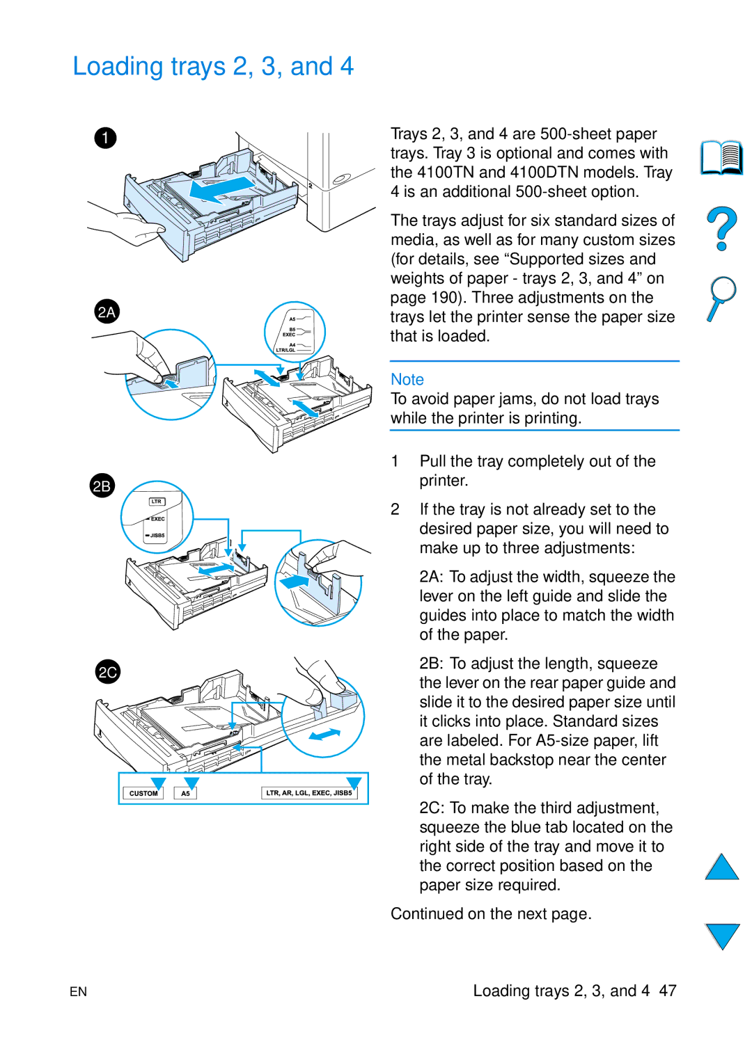 HP 4100N, 4100TN manual Loading trays 2, 3, On the next 