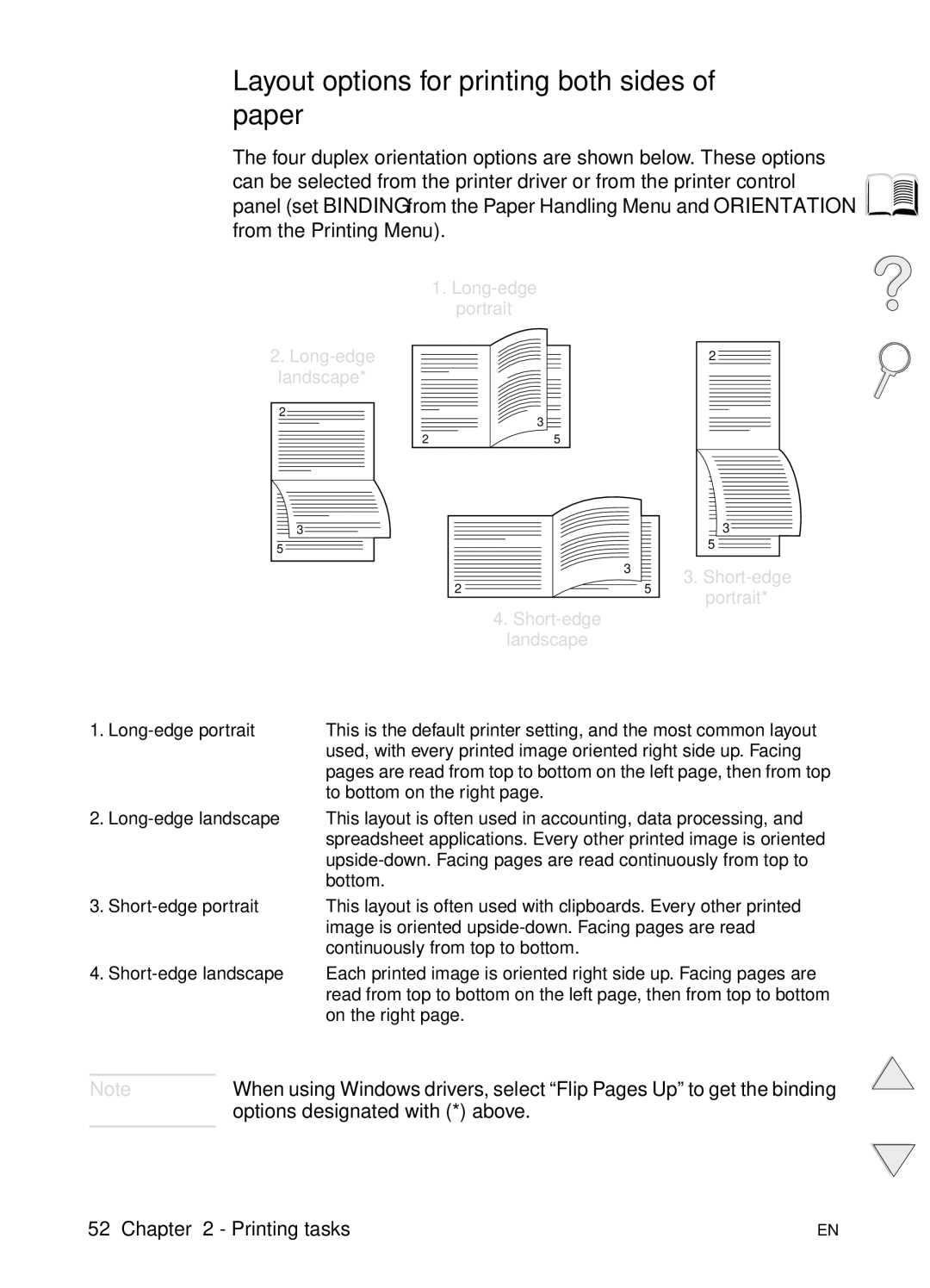 HP 4100TN, 4100N manual Layout options for printing both sides of paper, Long-edge portrait Landscape Short-edge Portrait 