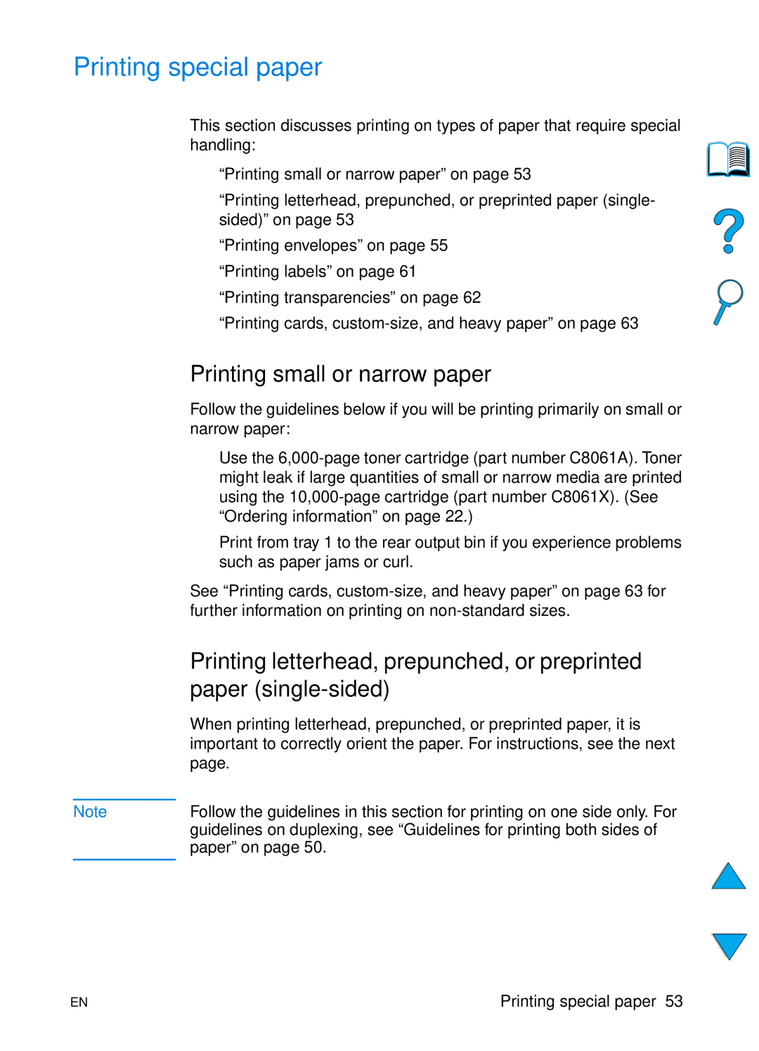 HP 4100N, 4100TN manual Printing special paper, Printing small or narrow paper, Paper single-sided 