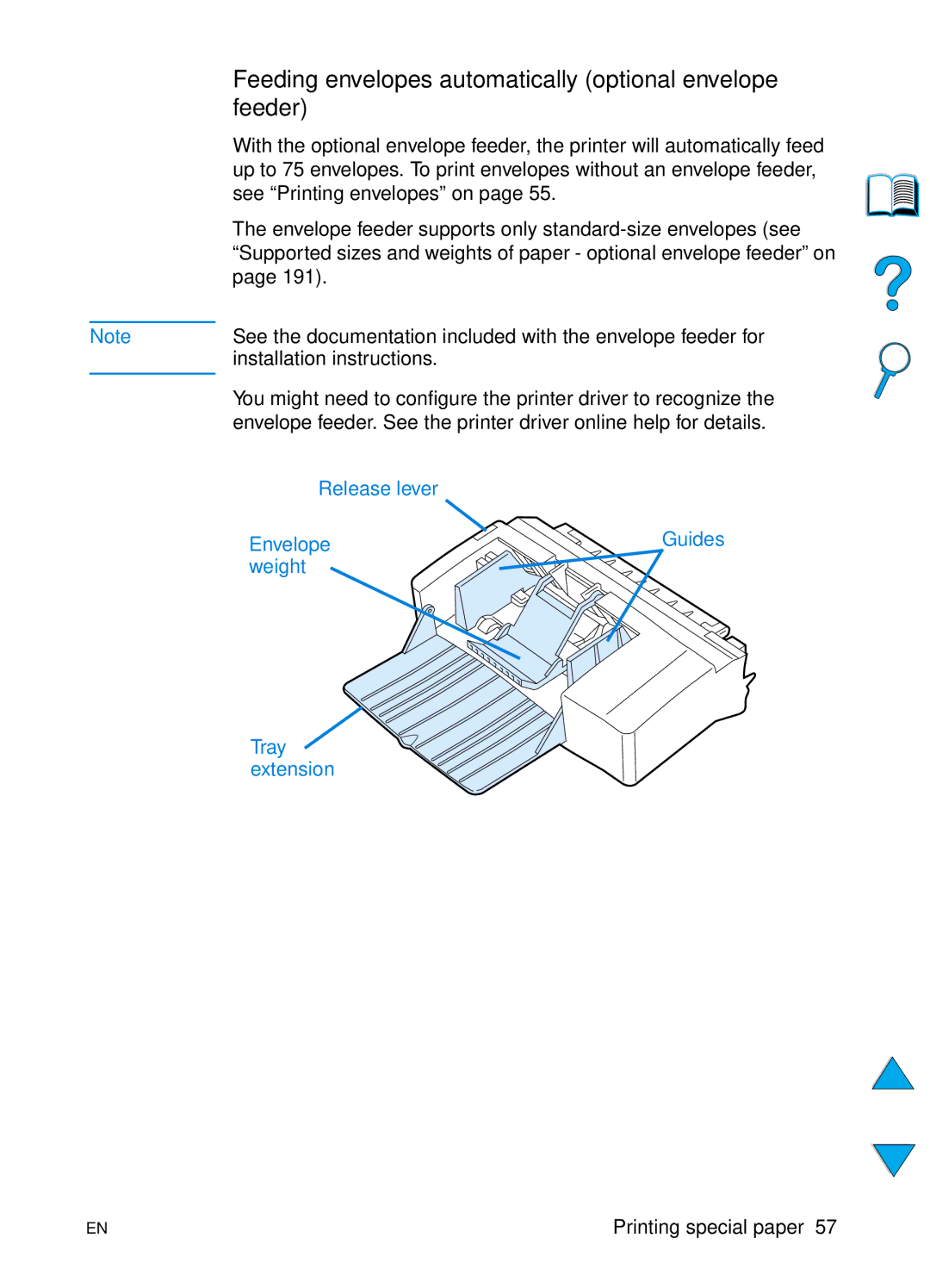 HP 4100N, 4100TN manual Feeding envelopes automatically optional envelope, Feeder 