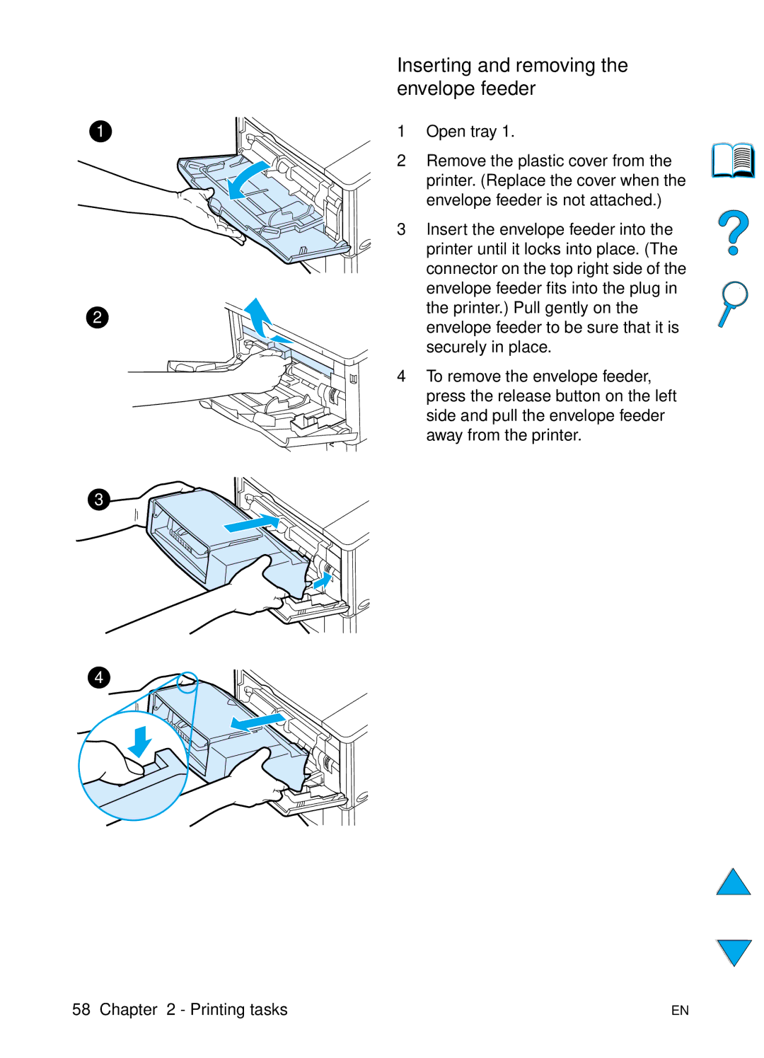 HP 4100TN, 4100N manual Inserting and removing the envelope feeder 