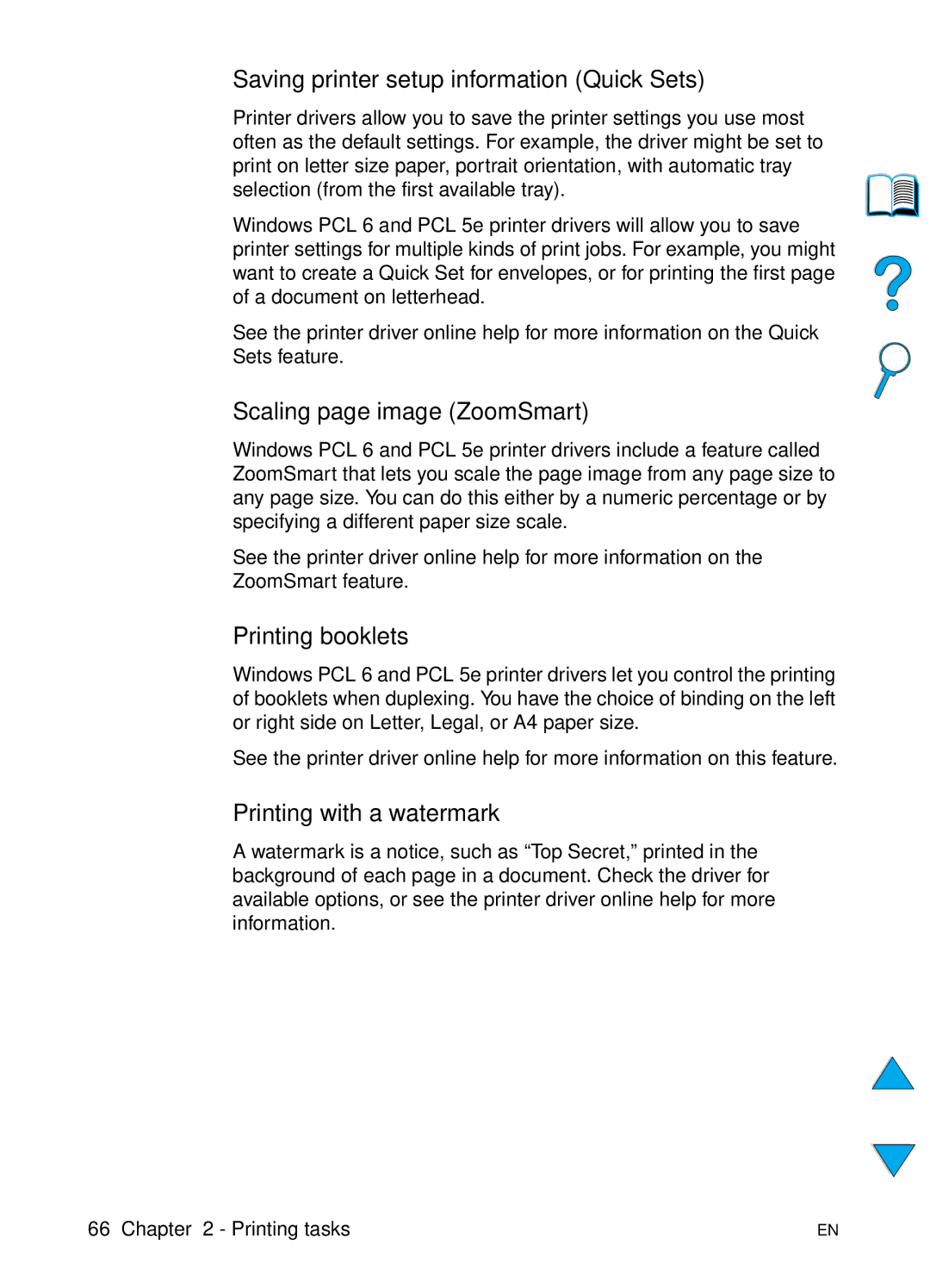 HP 4100TN, 4100N manual Saving printer setup information Quick Sets, Scaling page image ZoomSmart, Printing booklets 