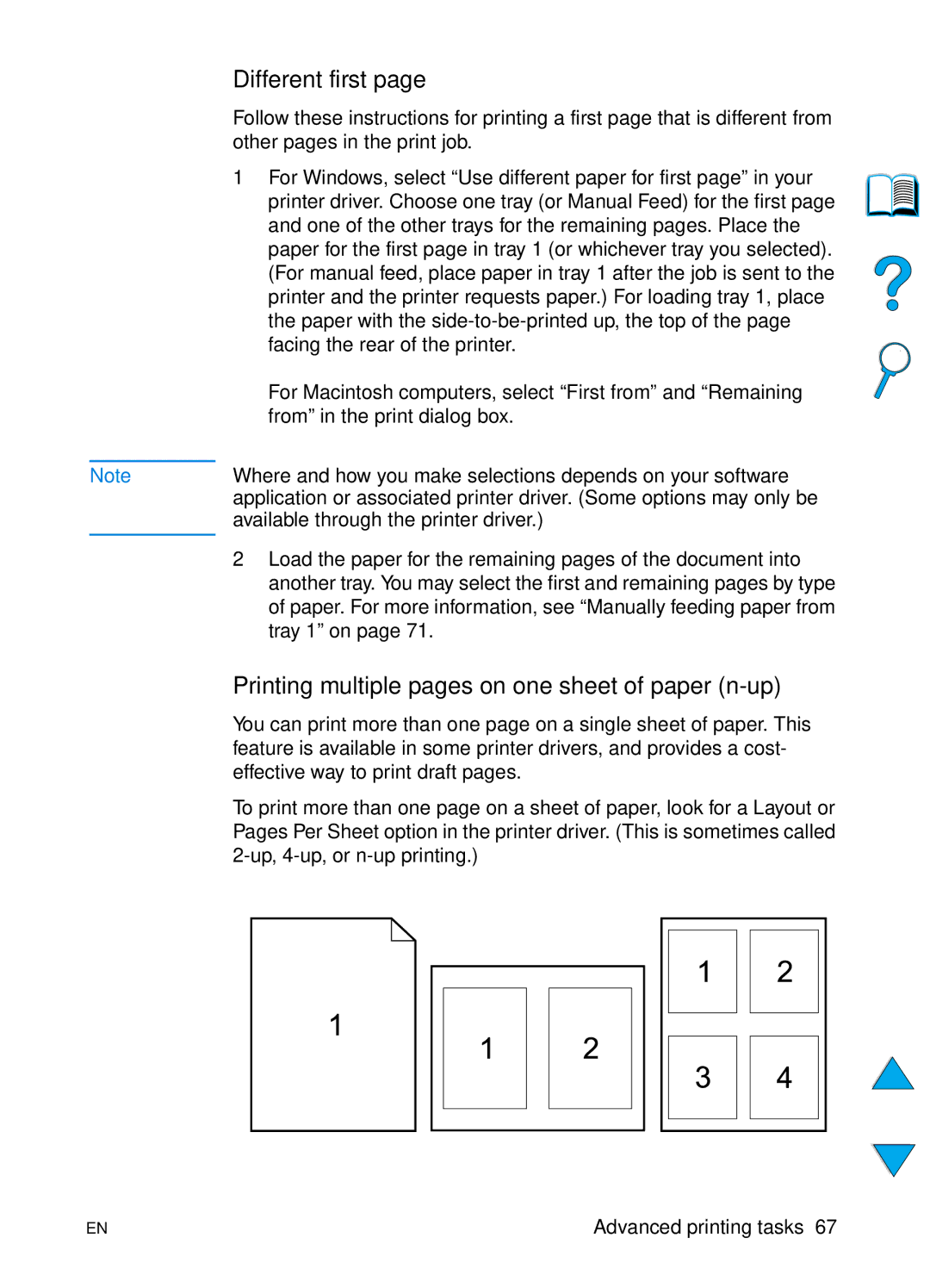 HP 4100N, 4100TN manual Different first, Printing multiple pages on one sheet of paper n-up 