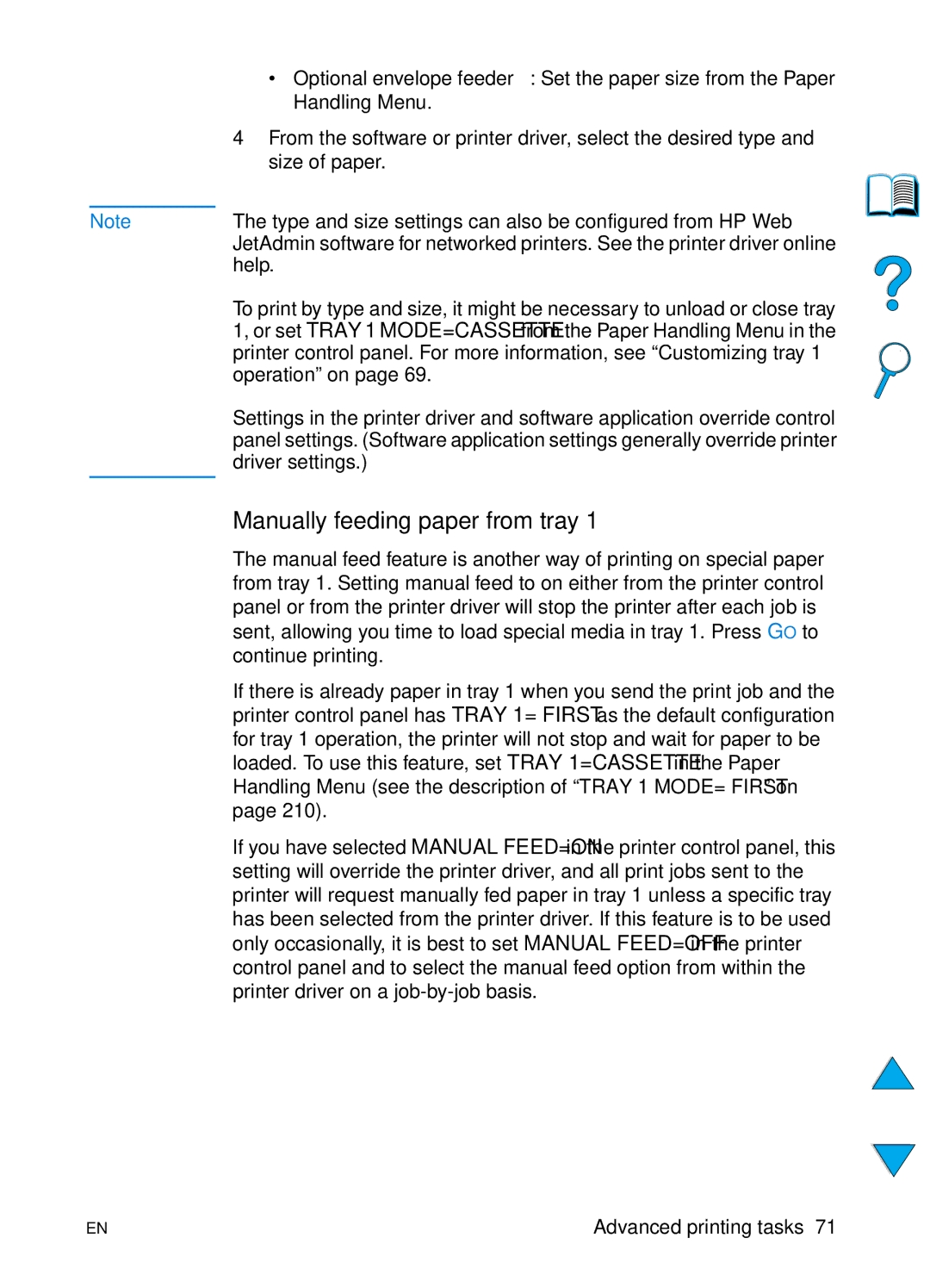 HP 4100N, 4100TN manual Manually feeding paper from tray 