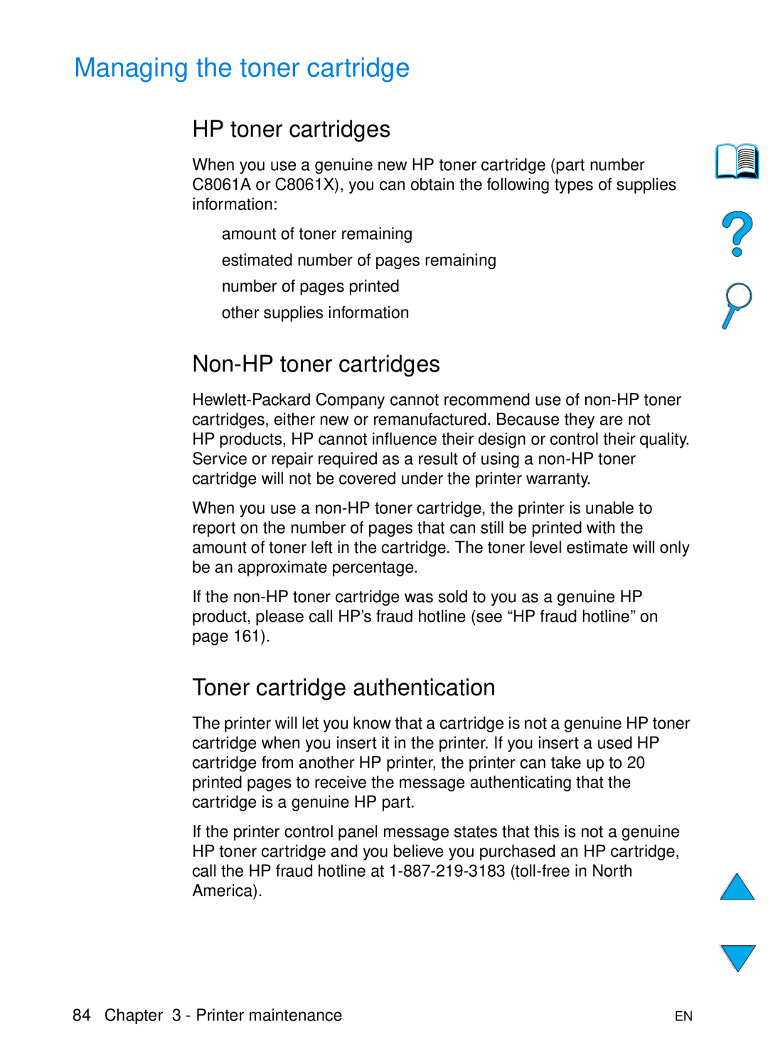 HP 4100TN, 4100N manual Managing the toner cartridge, Non-HP toner cartridges, Toner cartridge authentication 