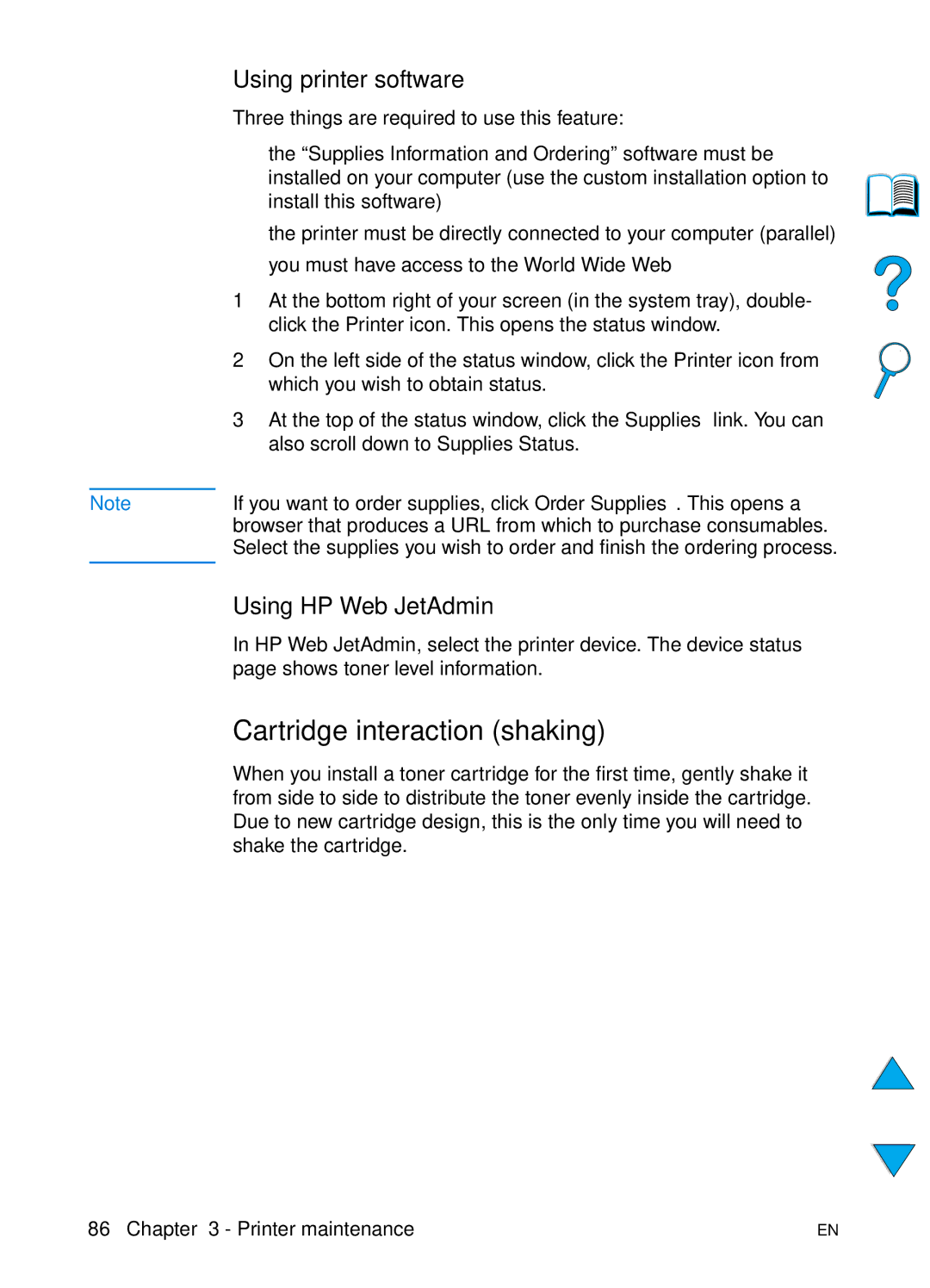 HP 4100TN, 4100N manual Cartridge interaction shaking, Using printer software, Using HP Web JetAdmin 